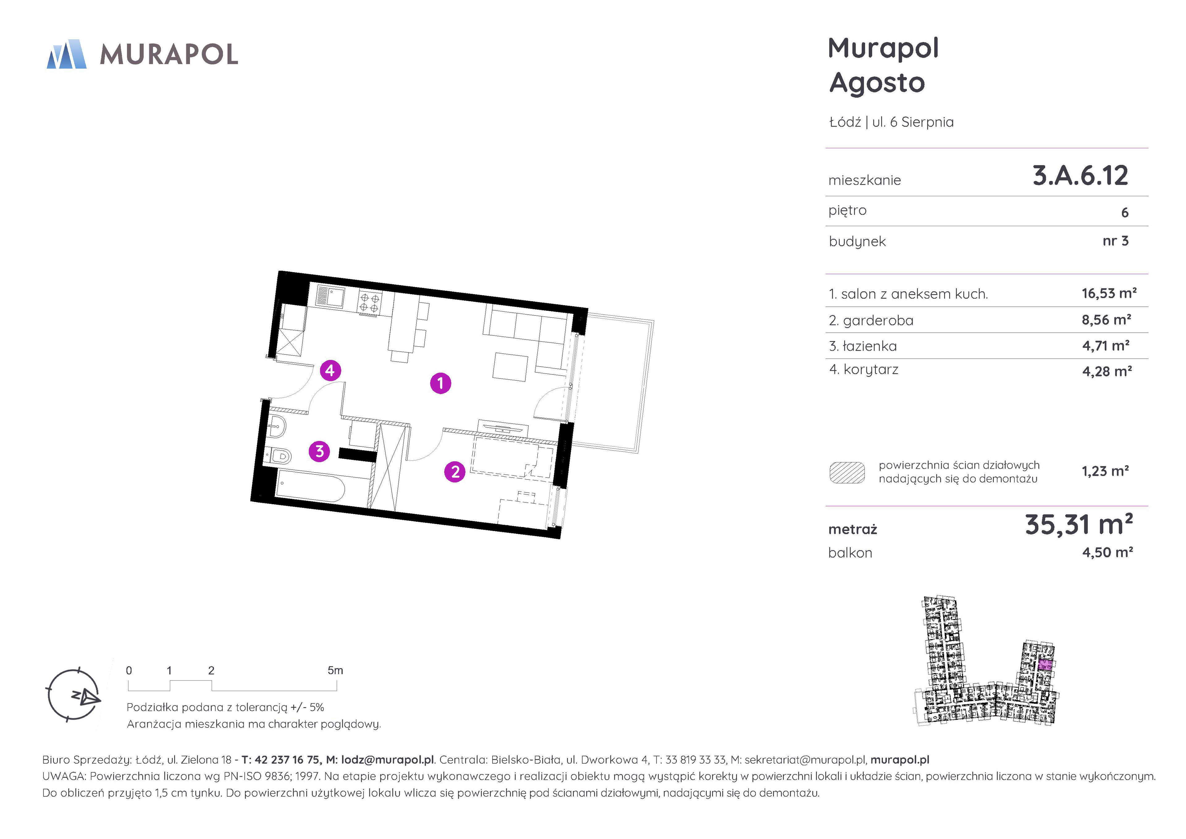 Mieszkanie 35,31 m², piętro 6, oferta nr 3.A.6.12, Murapol Agosto, Łódź, Polesie, Stare Polesie, ul. 6 Sierpnia-idx