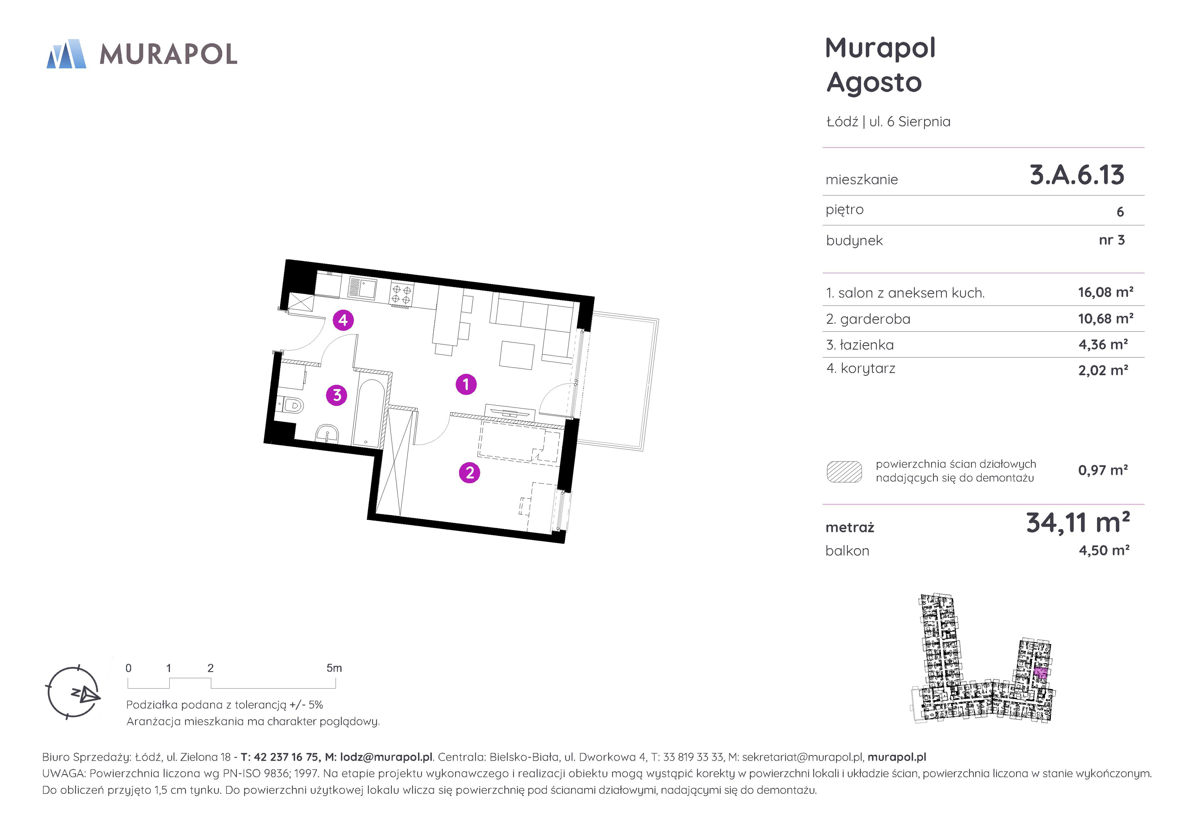 Mieszkanie 34,11 m², piętro 6, oferta nr 3.A.6.13, Murapol Agosto, Łódź, Polesie, Stare Polesie, ul. 6 Sierpnia-idx