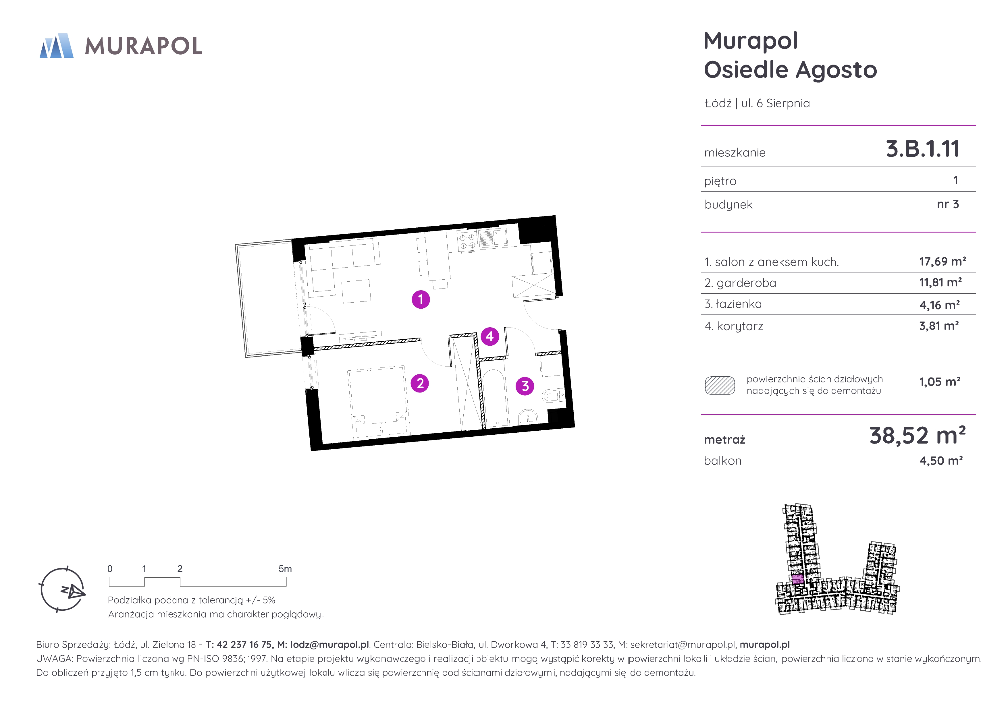 Mieszkanie 38,52 m², piętro 1, oferta nr 3.B.1.11, Murapol Agosto, Łódź, Polesie, Stare Polesie, ul. 6 Sierpnia-idx