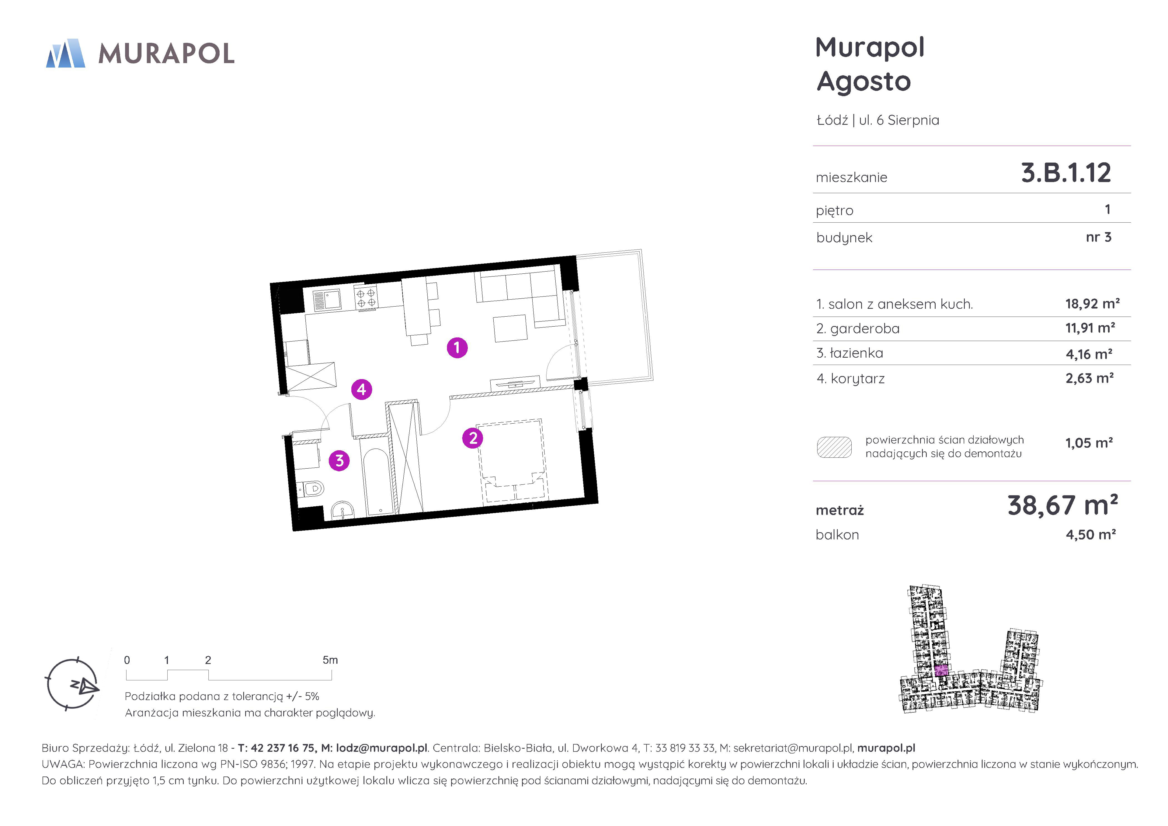 Mieszkanie 38,67 m², piętro 1, oferta nr 3.B.1.12, Murapol Agosto, Łódź, Polesie, Stare Polesie, ul. 6 Sierpnia-idx