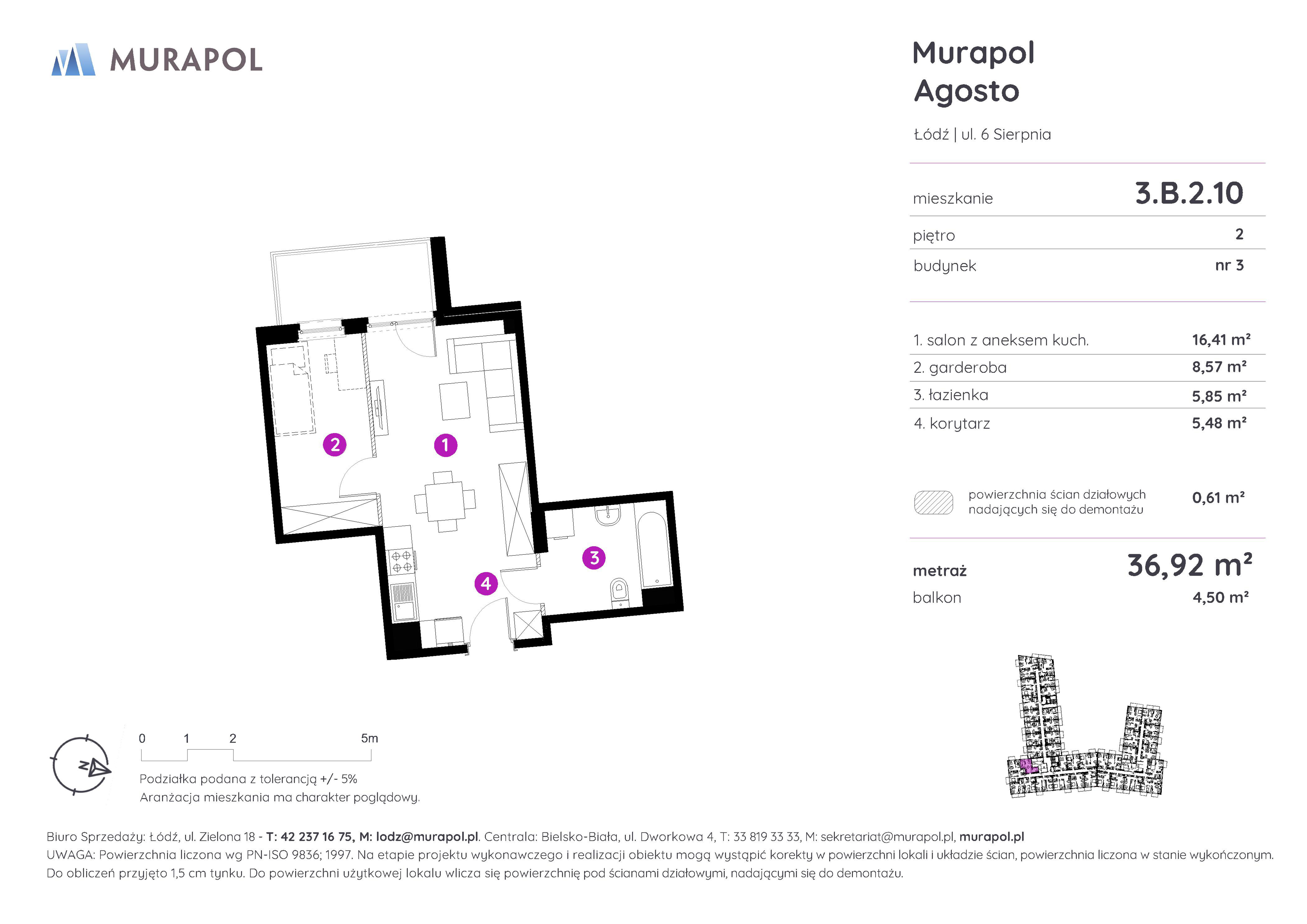 Mieszkanie 36,92 m², piętro 2, oferta nr 3.B.2.10, Murapol Agosto, Łódź, Polesie, Stare Polesie, ul. 6 Sierpnia-idx