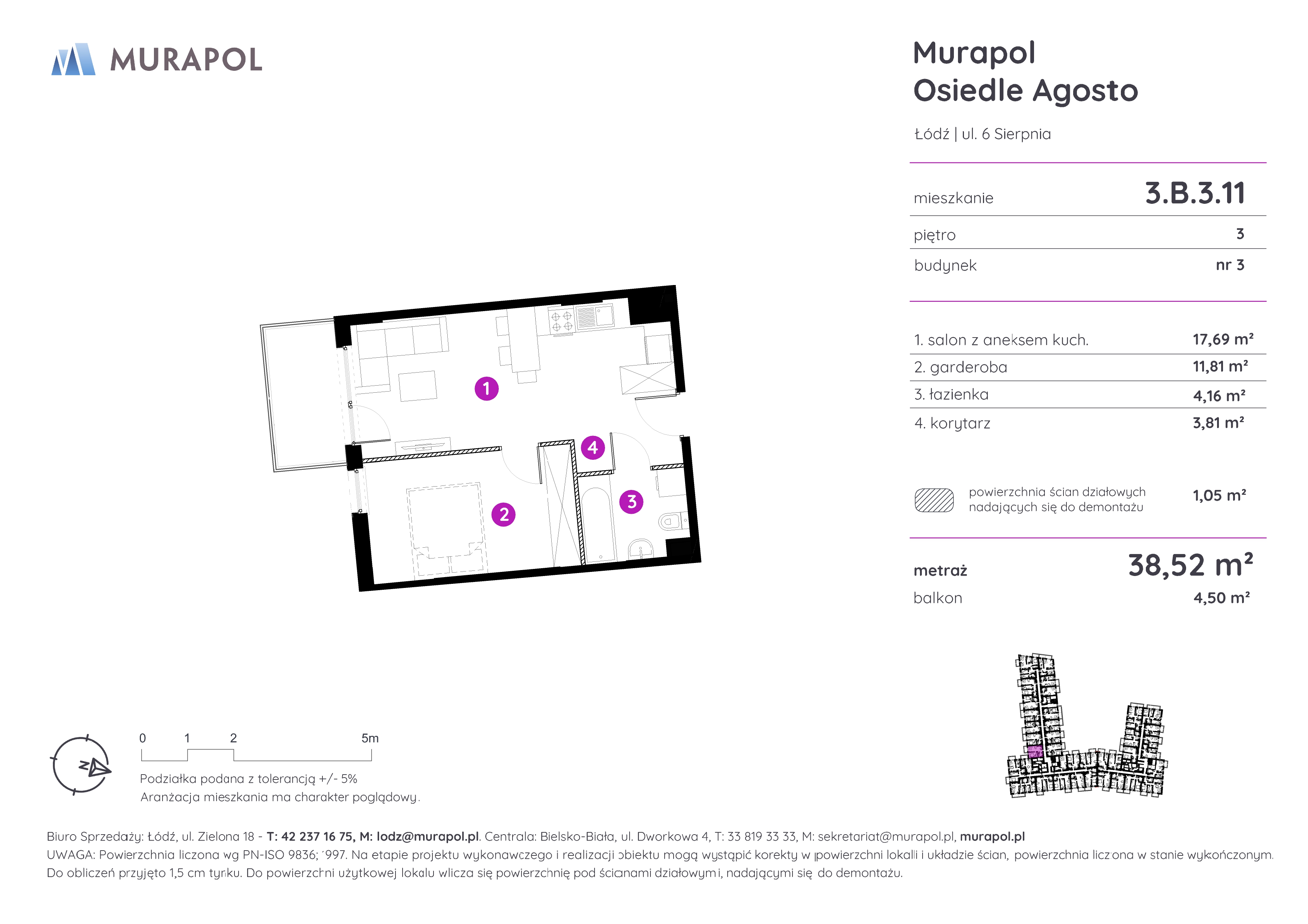 Mieszkanie 38,52 m², piętro 3, oferta nr 3.B.3.11, Murapol Agosto, Łódź, Polesie, Stare Polesie, ul. 6 Sierpnia-idx