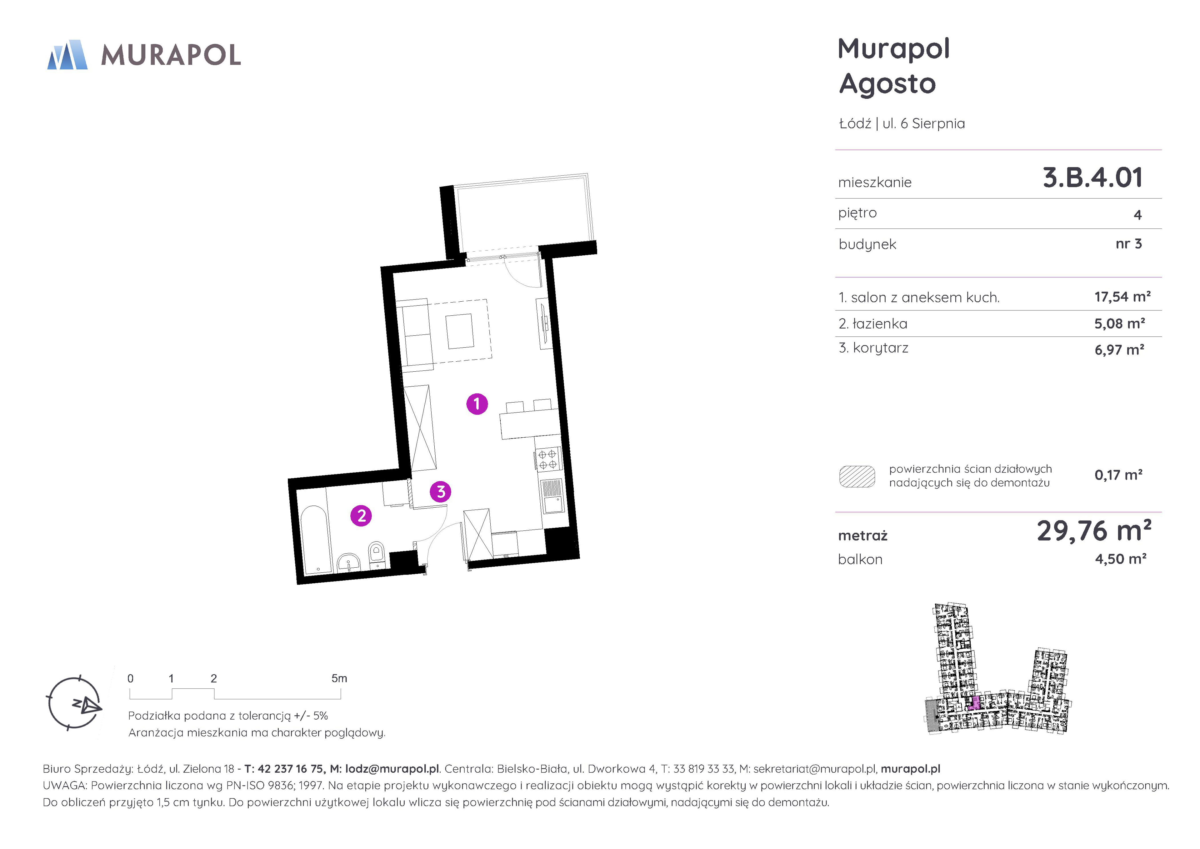 Mieszkanie 29,76 m², piętro 4, oferta nr 3.B.4.01, Murapol Agosto, Łódź, Polesie, Stare Polesie, ul. 6 Sierpnia-idx