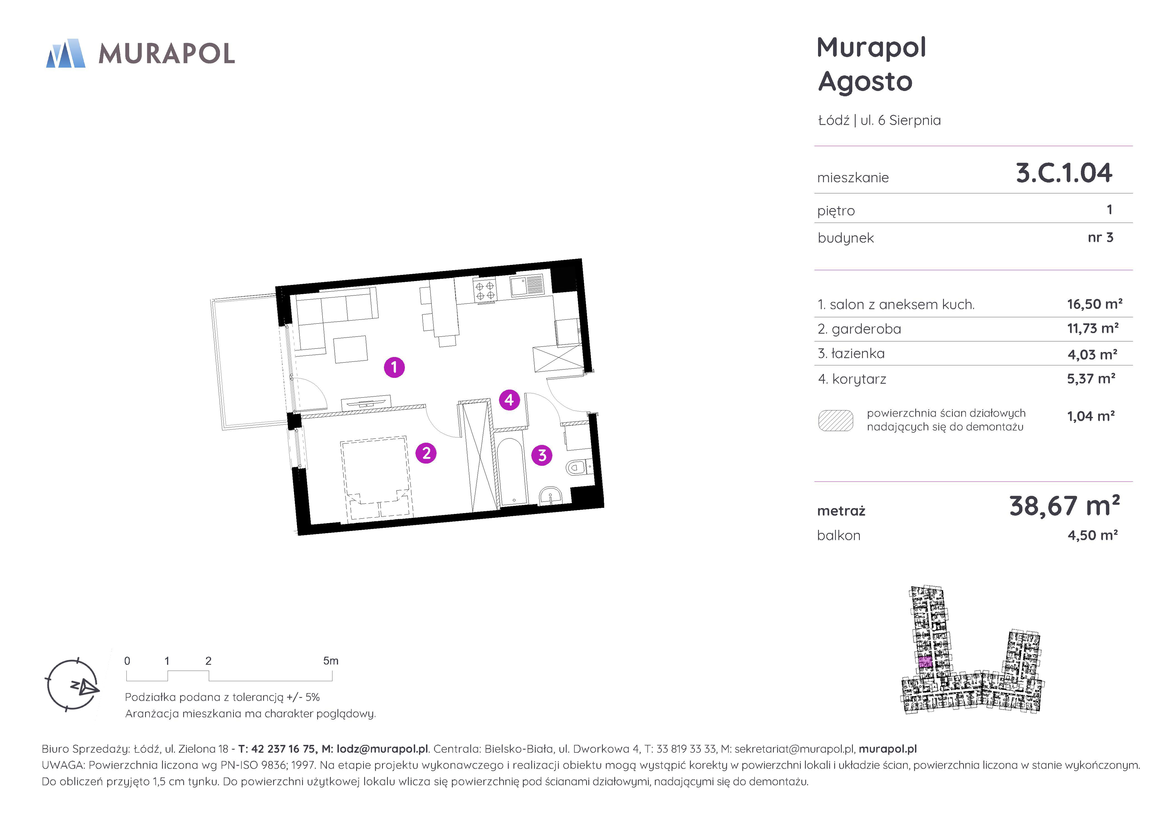 Mieszkanie 38,67 m², piętro 1, oferta nr 3.C.1.04, Murapol Agosto, Łódź, Polesie, Stare Polesie, ul. 6 Sierpnia-idx