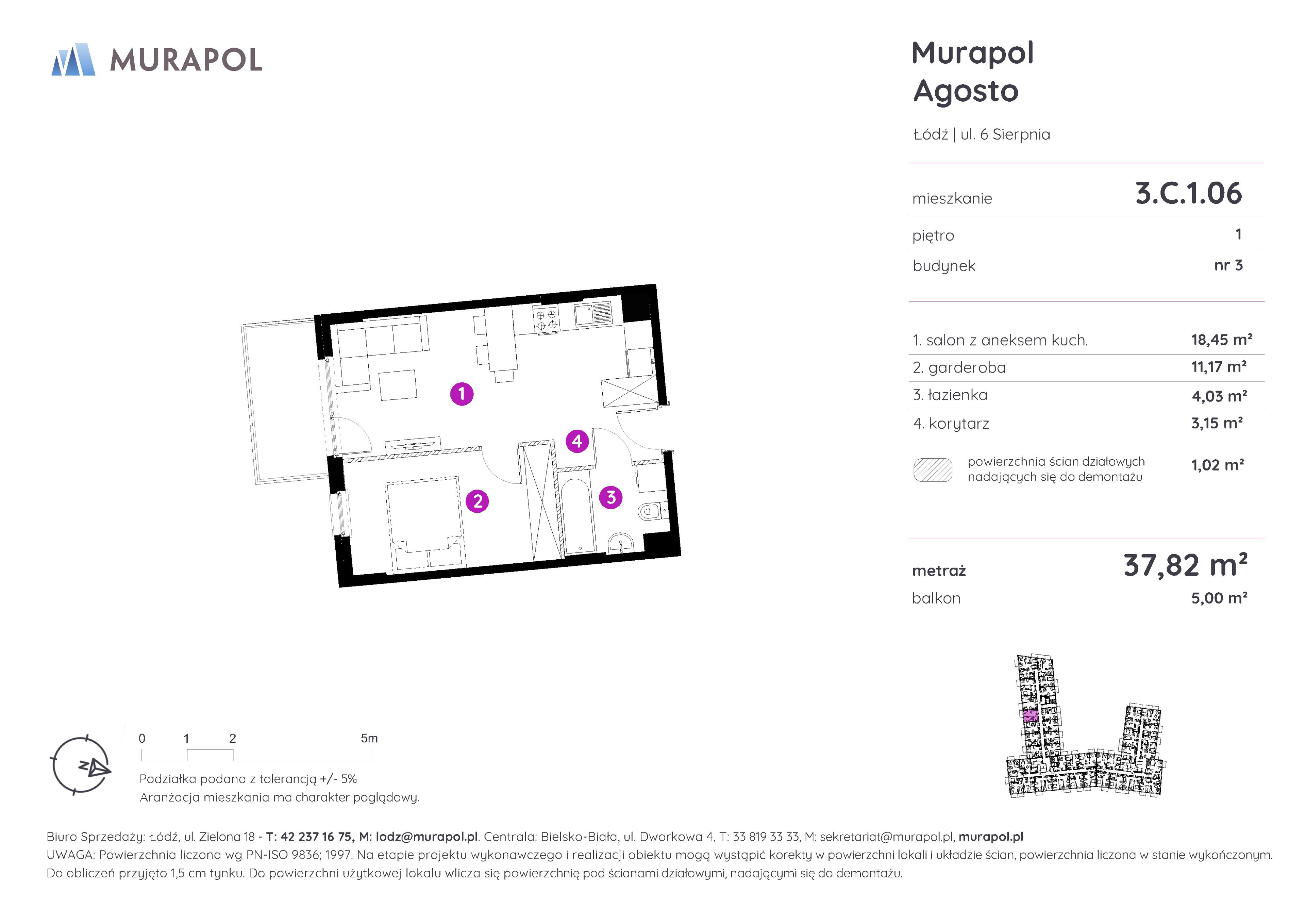 Mieszkanie 37,82 m², piętro 1, oferta nr 3.C.1.06, Murapol Agosto, Łódź, Polesie, Stare Polesie, ul. 6 Sierpnia-idx