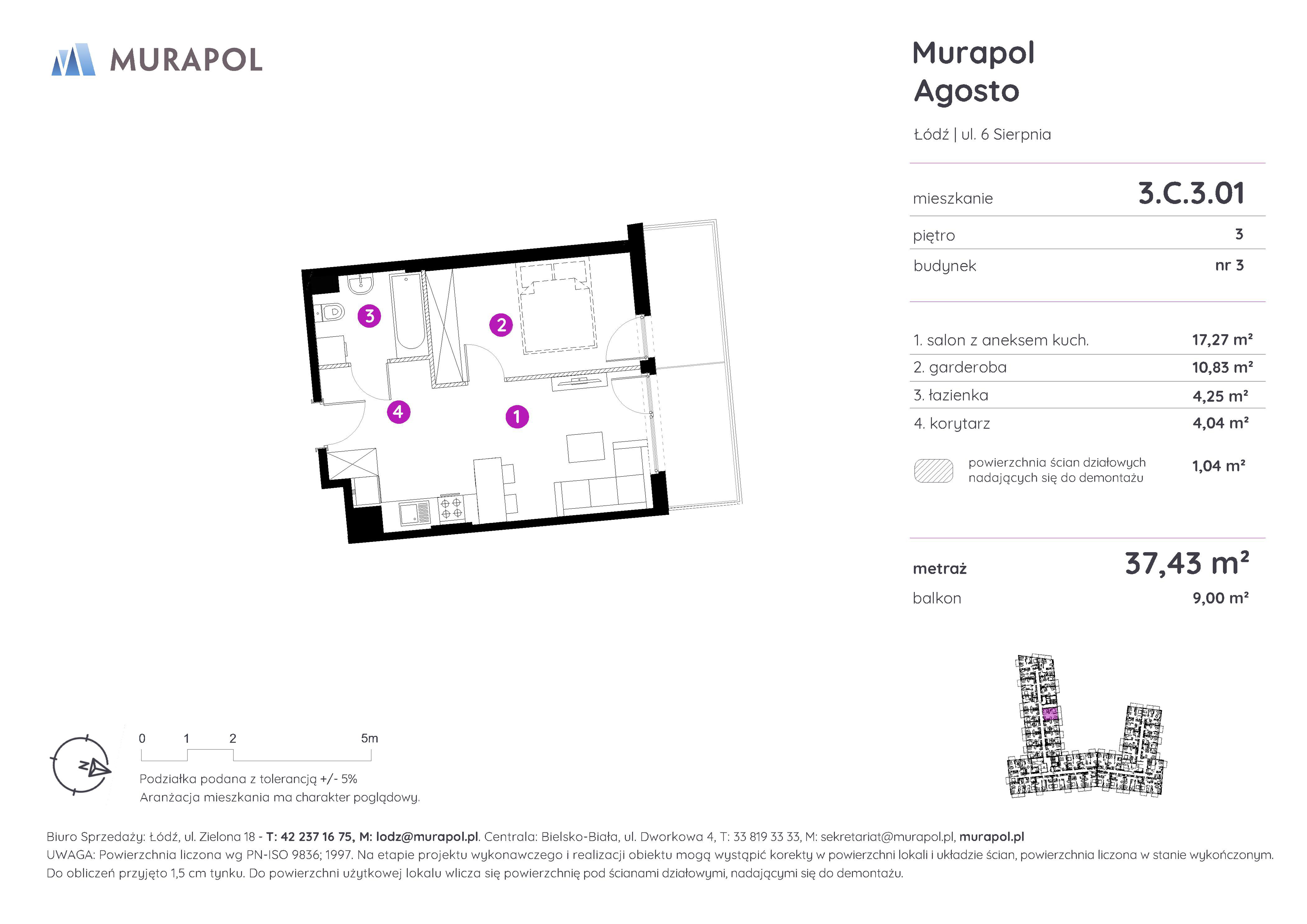 Mieszkanie 37,43 m², piętro 3, oferta nr 3.C.3.01, Murapol Agosto, Łódź, Polesie, Stare Polesie, ul. 6 Sierpnia-idx