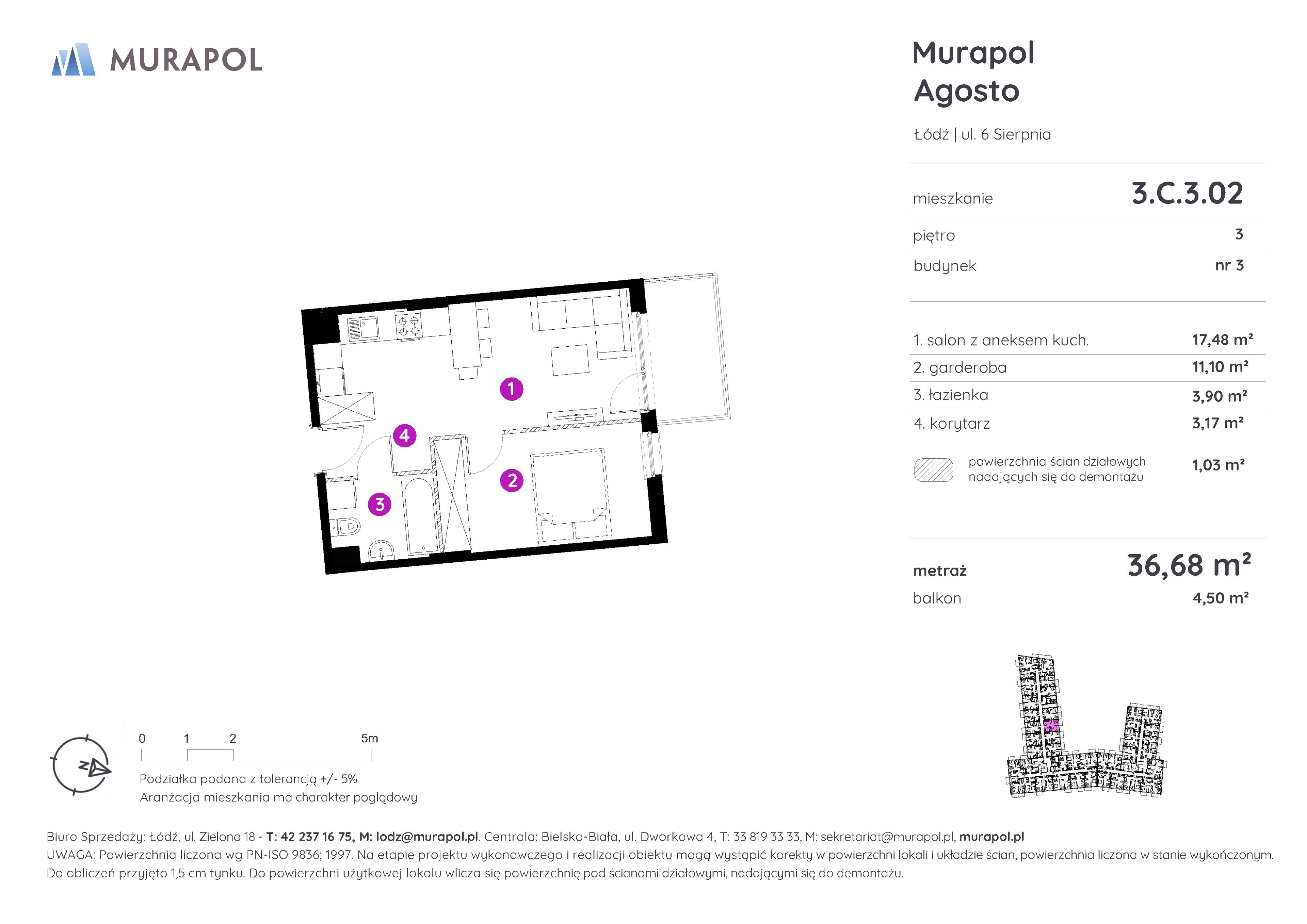 Mieszkanie 36,68 m², piętro 3, oferta nr 3.C.3.02, Murapol Agosto, Łódź, Polesie, Stare Polesie, ul. 6 Sierpnia-idx