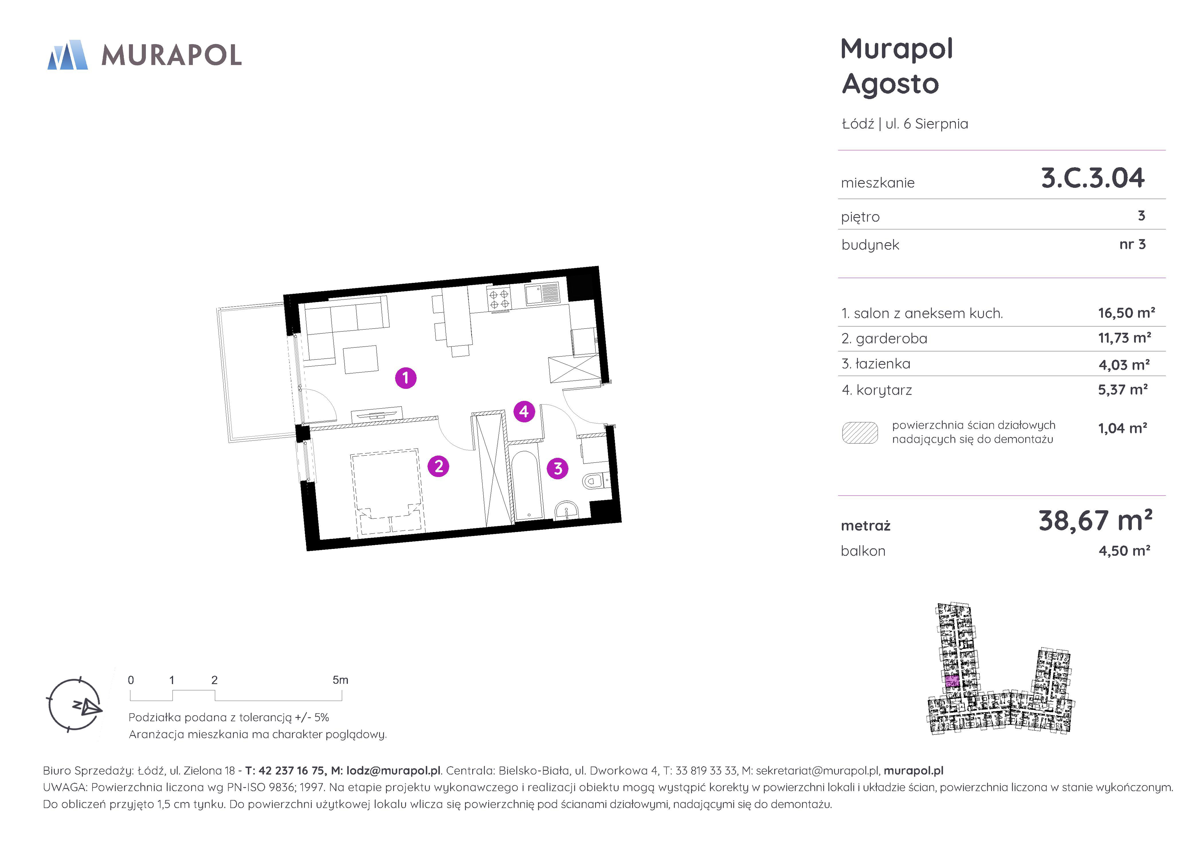 Mieszkanie 38,67 m², piętro 3, oferta nr 3.C.3.04, Murapol Agosto, Łódź, Polesie, Stare Polesie, ul. 6 Sierpnia-idx