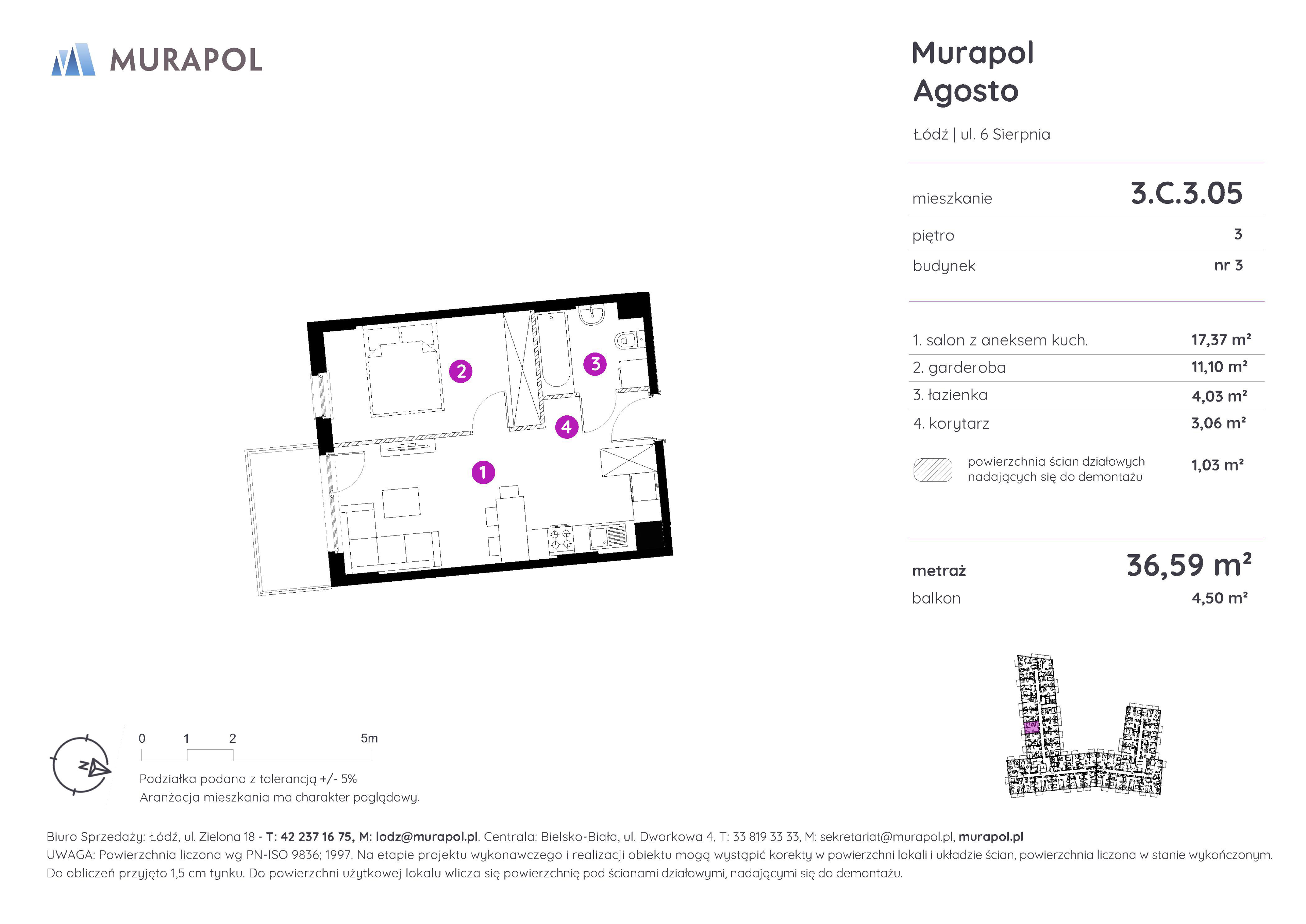 Mieszkanie 36,59 m², piętro 3, oferta nr 3.C.3.05, Murapol Agosto, Łódź, Polesie, Stare Polesie, ul. 6 Sierpnia-idx