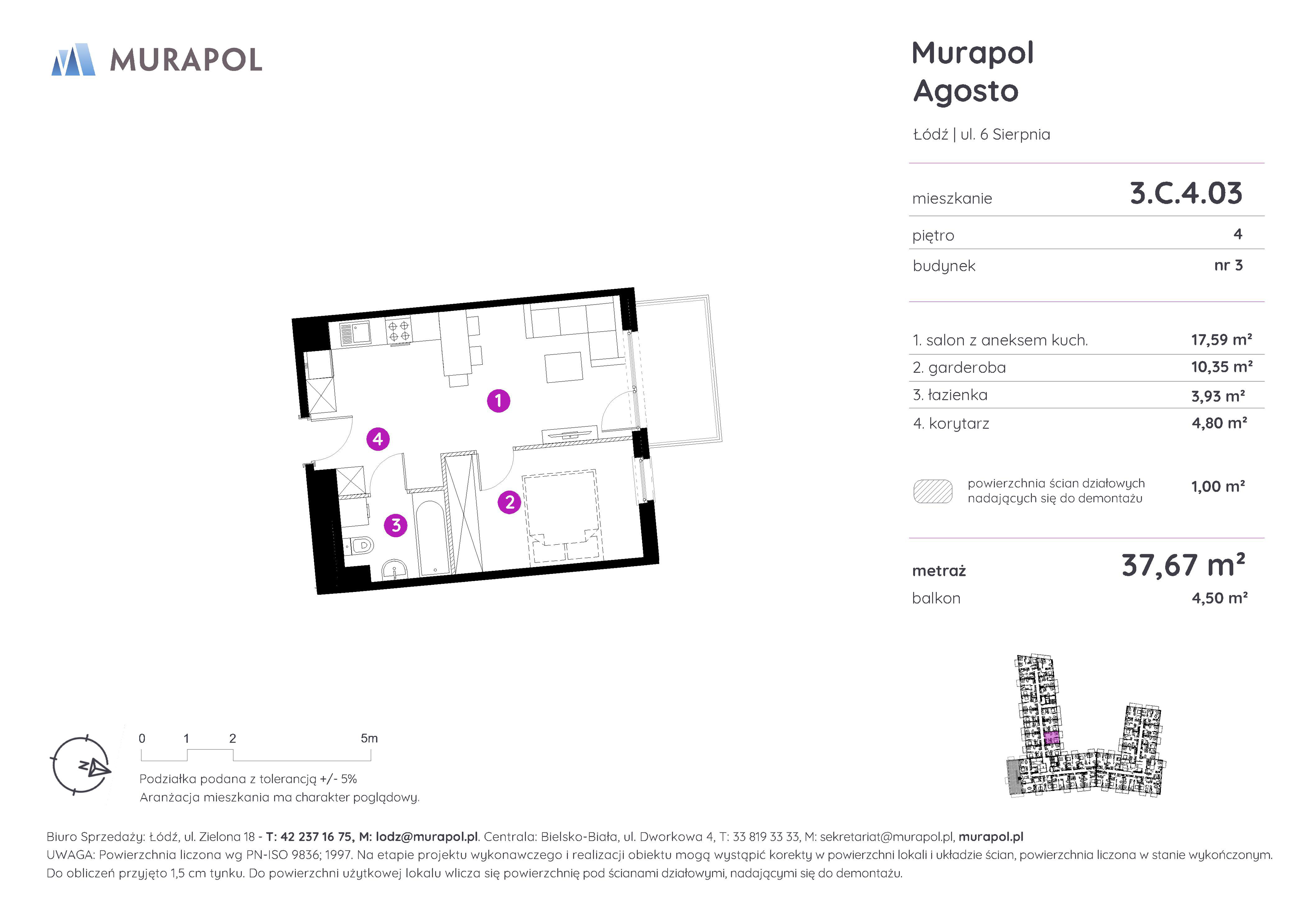 Mieszkanie 37,67 m², piętro 4, oferta nr 3.C.4.03, Murapol Agosto, Łódź, Polesie, Stare Polesie, ul. 6 Sierpnia-idx