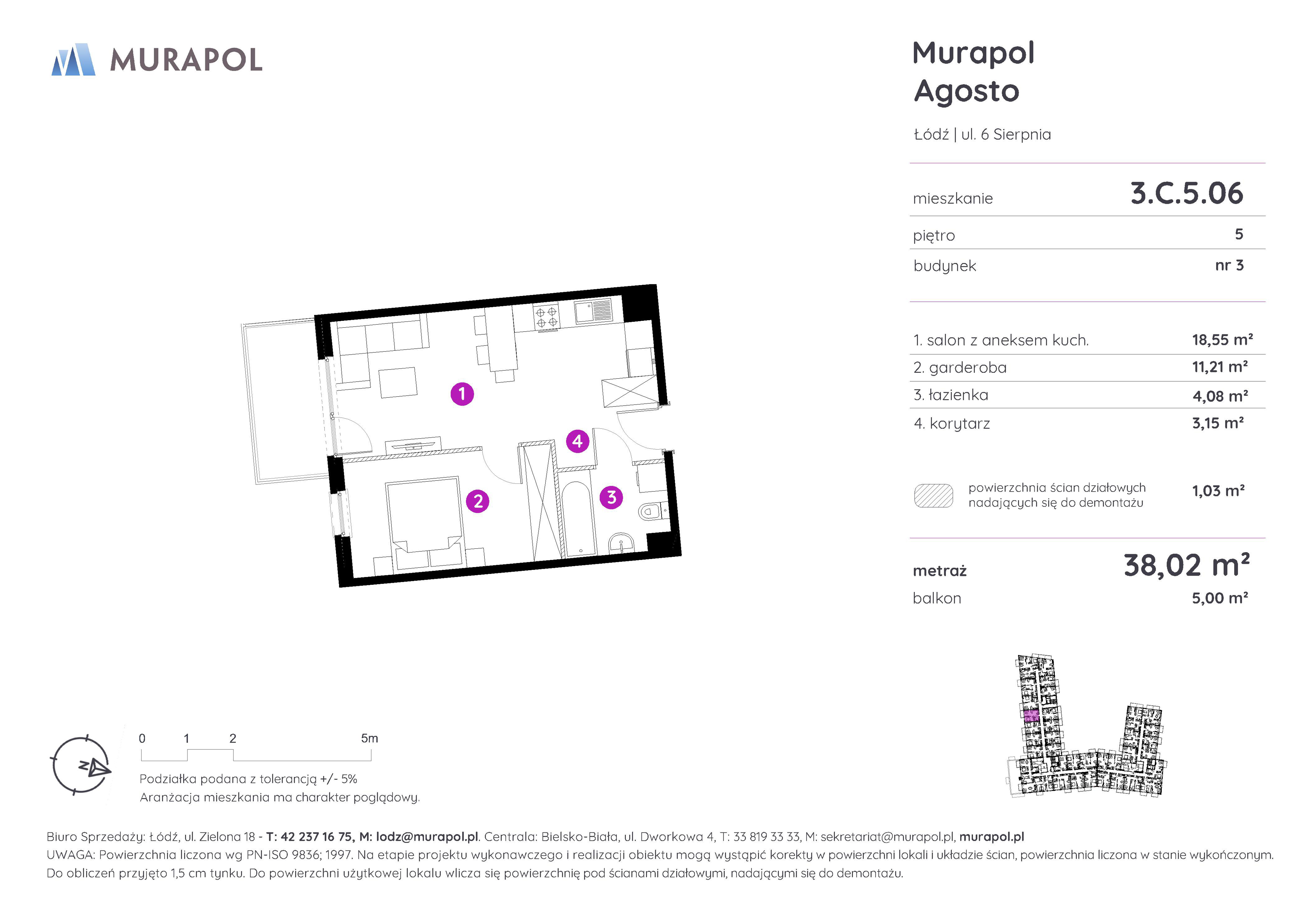 Mieszkanie 38,02 m², piętro 5, oferta nr 3.C.5.06, Murapol Agosto, Łódź, Polesie, Stare Polesie, ul. 6 Sierpnia-idx