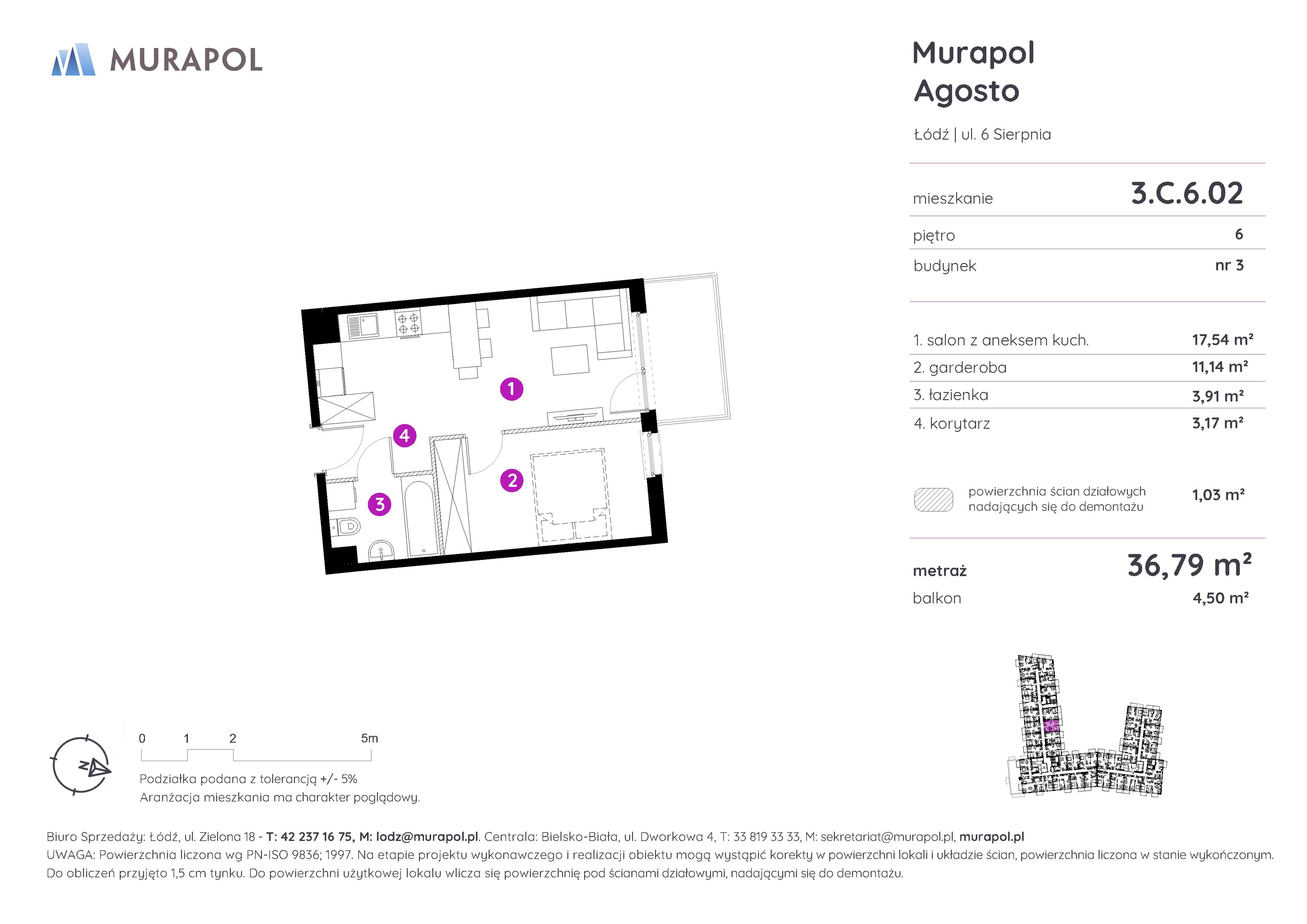 Mieszkanie 36,79 m², piętro 6, oferta nr 3.C.6.02, Murapol Agosto, Łódź, Polesie, Stare Polesie, ul. 6 Sierpnia-idx