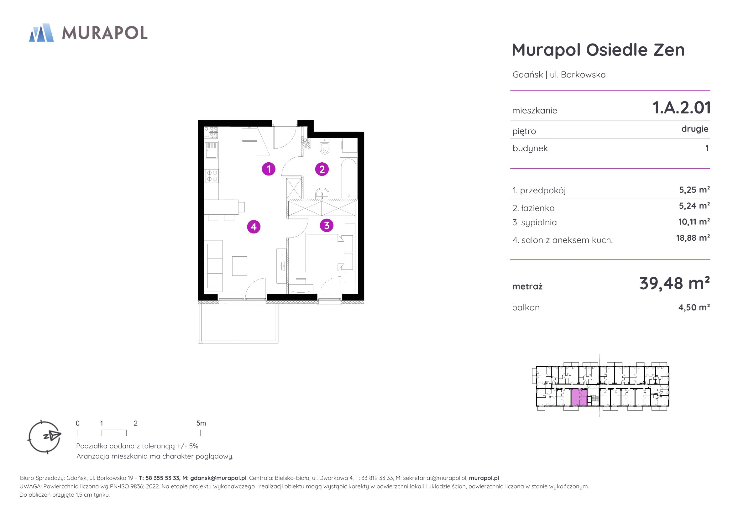 Mieszkanie 39,48 m², piętro 2, oferta nr 1.A.2.01, Murapol Osiedle Zen, Gdańsk, Orunia Górna-Gdańsk Południe, Maćkowy, ul. Borkowska-idx