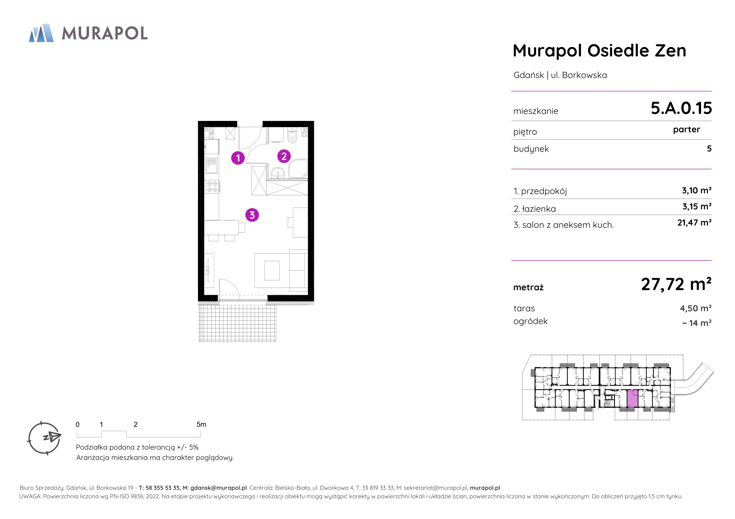 Mieszkanie 27,72 m², parter, oferta nr 5.A.0.15, Murapol Osiedle Zen, Gdańsk, Orunia Górna-Gdańsk Południe, Maćkowy, ul. Borkowska-idx