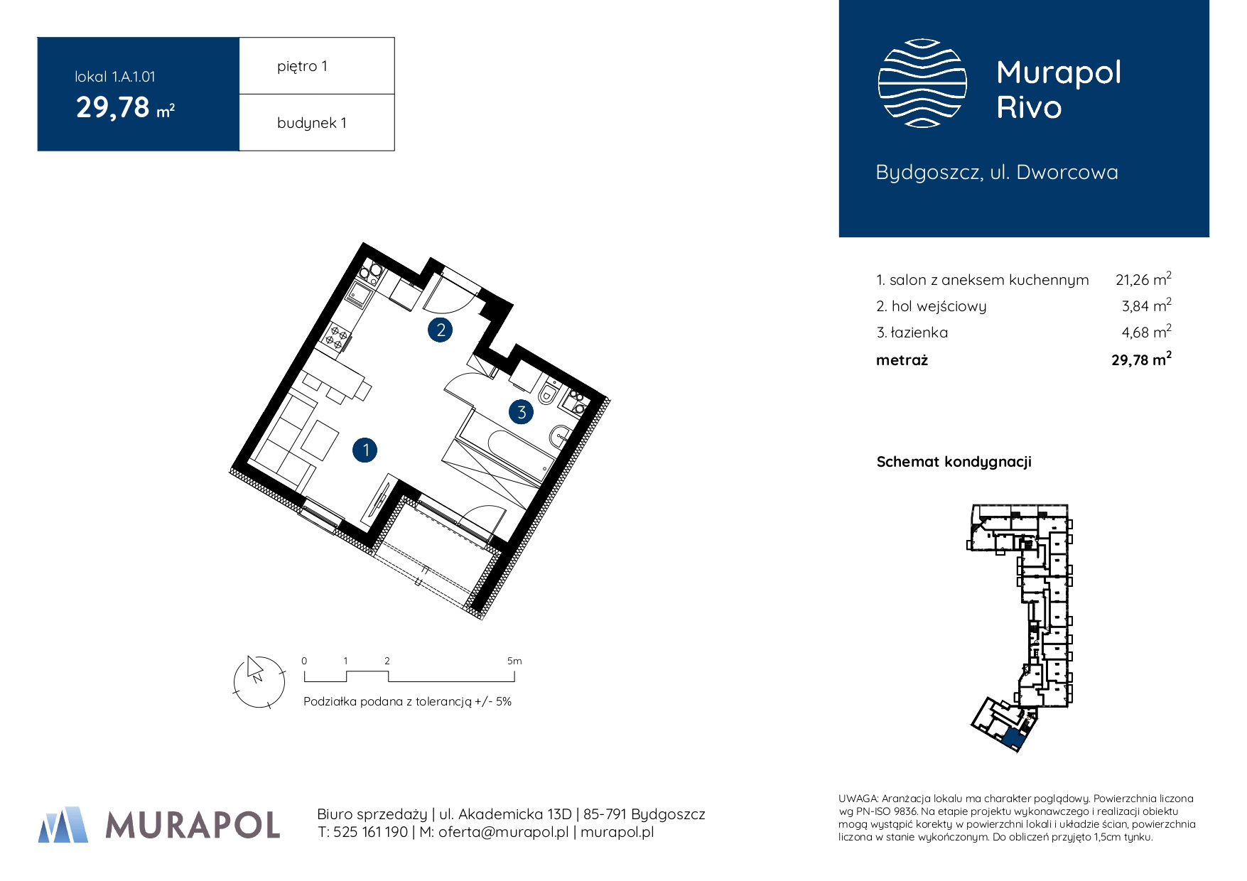 Mieszkanie 29,78 m², piętro 1, oferta nr 1.A.1.01, Murapol Rivo, Bydgoszcz, Śródmieście, ul. Dworcowa-idx