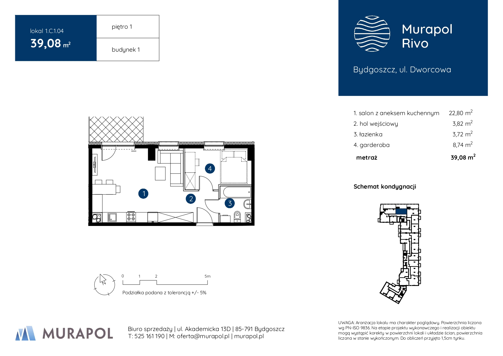 Mieszkanie 39,08 m², piętro 1, oferta nr 1.C.1.04, Murapol Rivo, Bydgoszcz, Śródmieście, ul. Dworcowa-idx