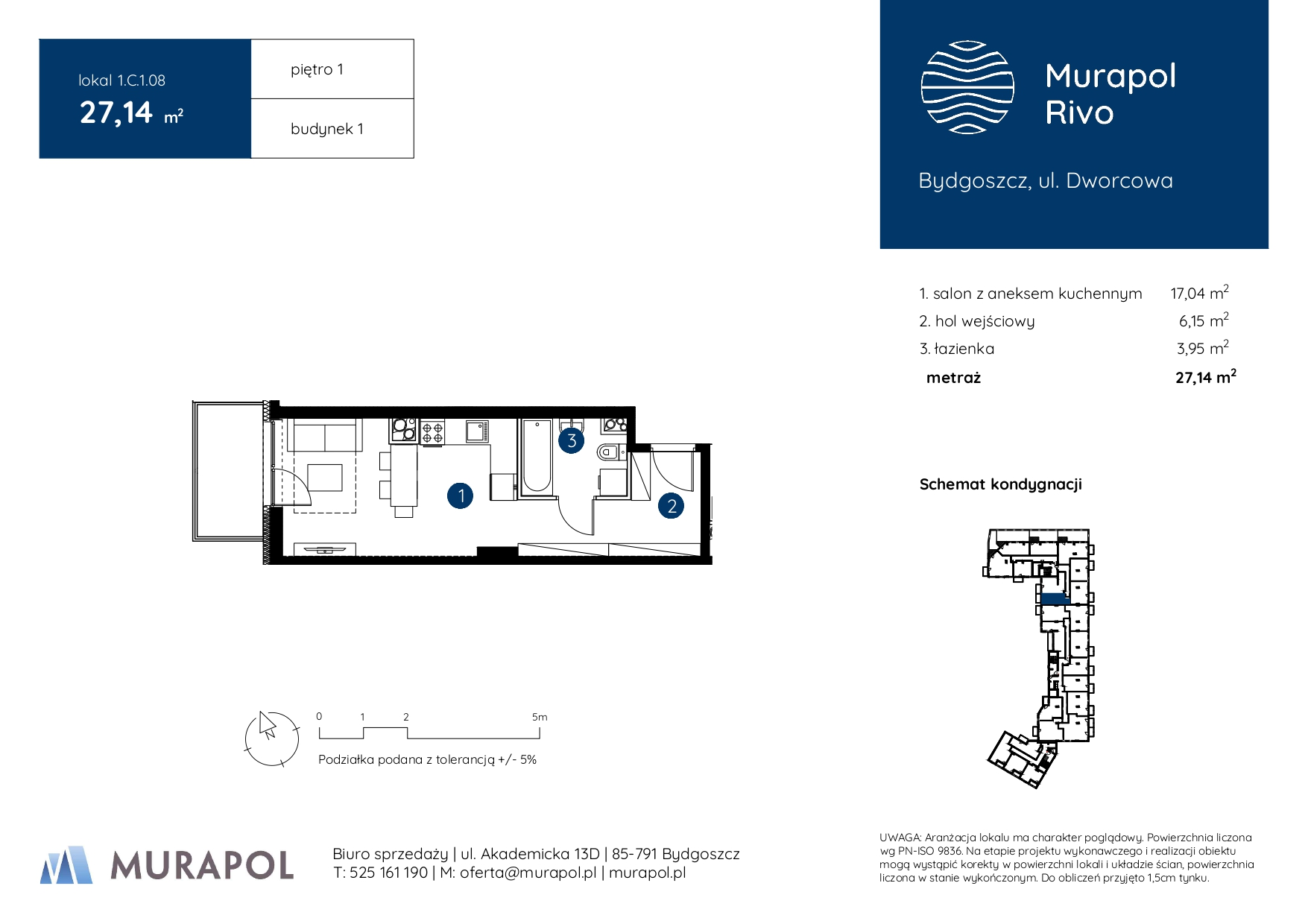 Mieszkanie 27,14 m², piętro 1, oferta nr 1.C.1.08, Murapol Rivo, Bydgoszcz, Śródmieście, ul. Dworcowa-idx