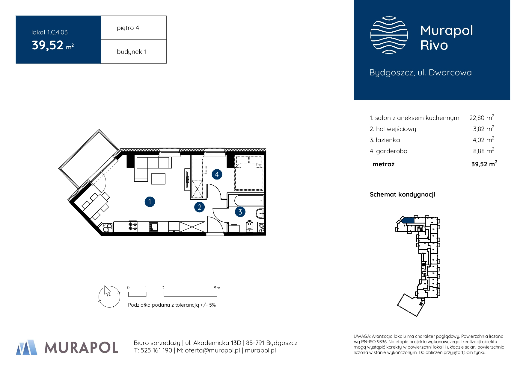 Mieszkanie 39,52 m², piętro 4, oferta nr 1.C.4.03, Murapol Rivo, Bydgoszcz, Śródmieście, ul. Dworcowa-idx