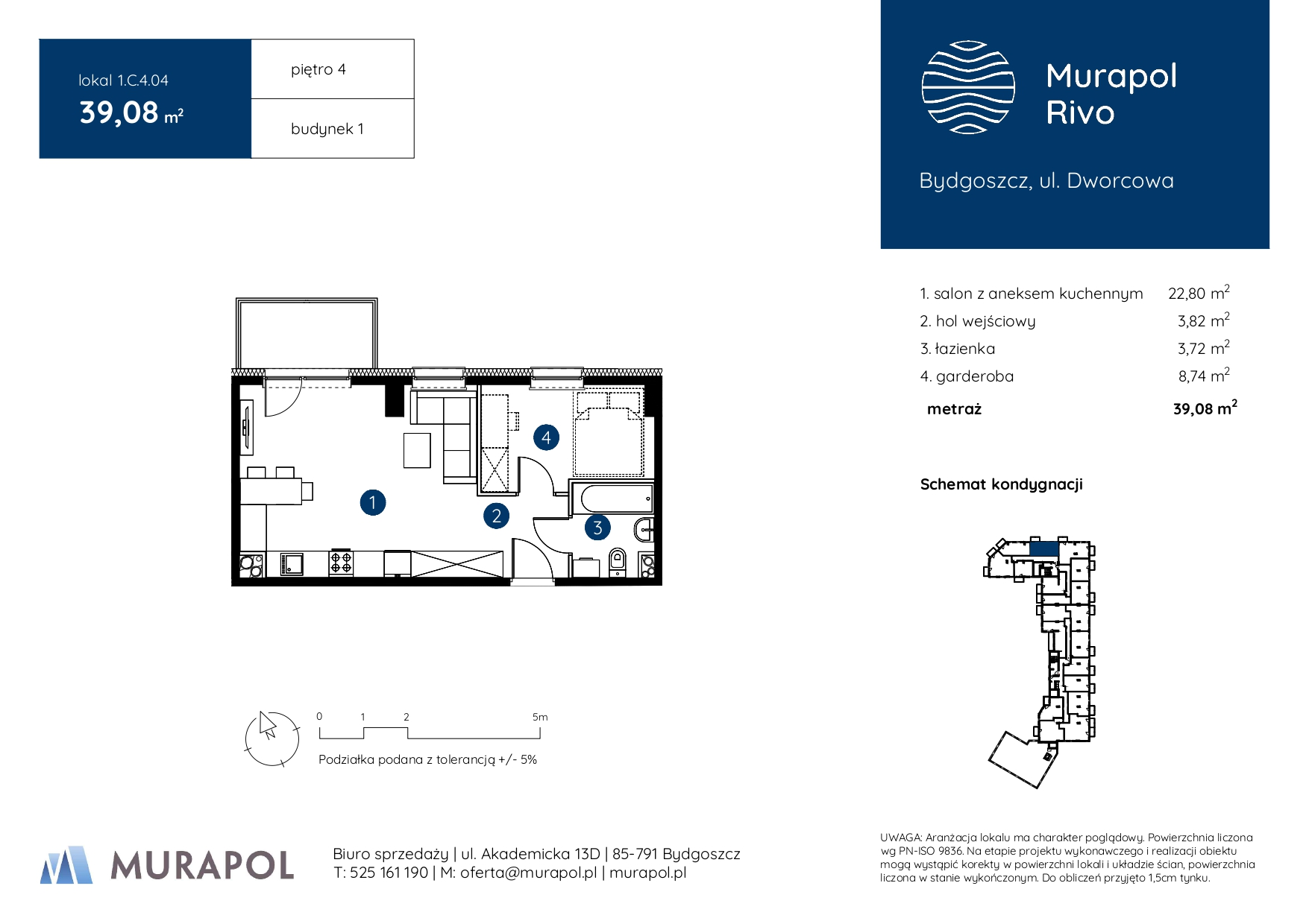 Mieszkanie 39,08 m², piętro 4, oferta nr 1.C.4.04, Murapol Rivo, Bydgoszcz, Śródmieście, ul. Dworcowa-idx