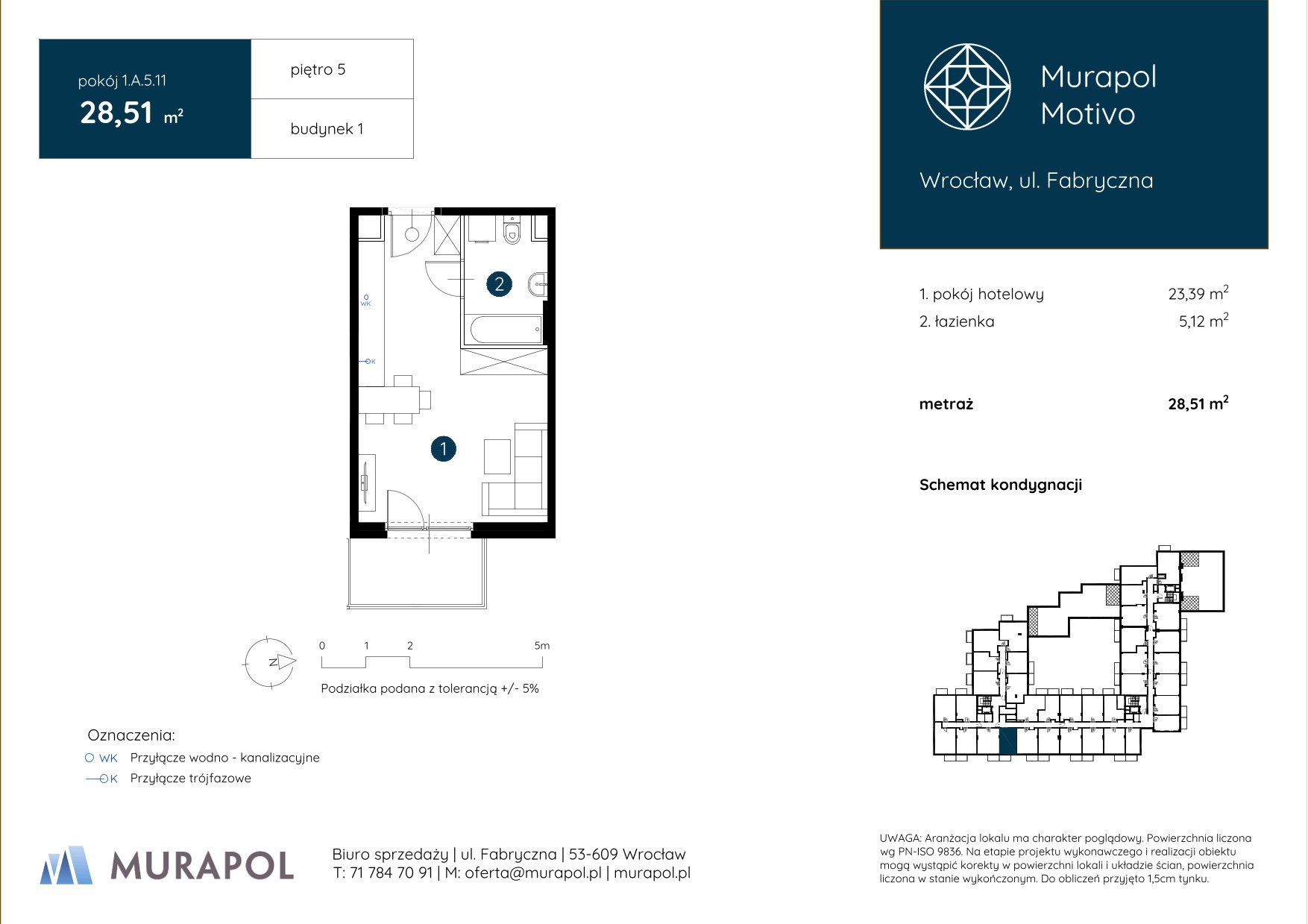 Mieszkanie 28,51 m², piętro 5, oferta nr 1.A.5.11, Murapol Motivo, Wrocław, Muchobór Mały, Fabryczna, ul. Fabryczna-idx