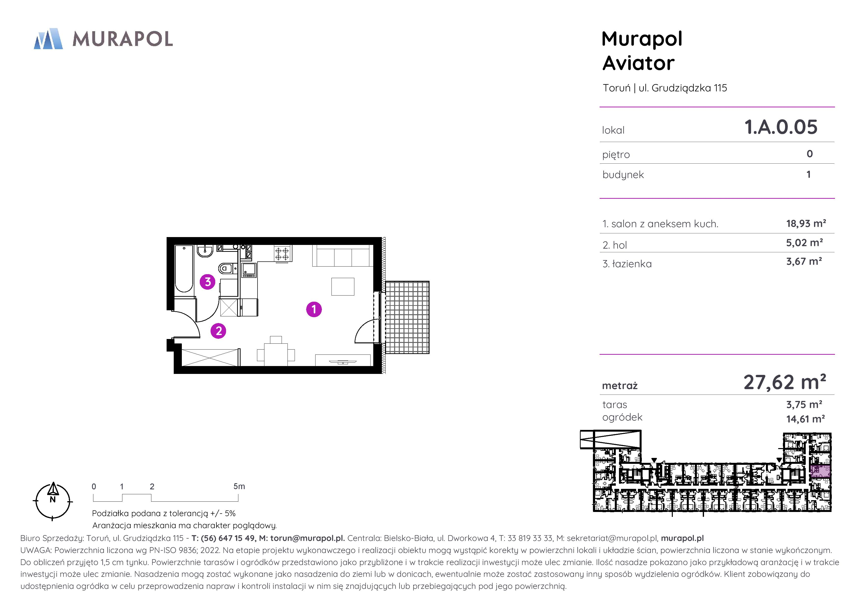 Apartament inwestycyjny 27,62 m², parter, oferta nr 1.A.0.05, Murapol Aviator, Toruń, Koniuchy, ul. Grudziądzka-idx