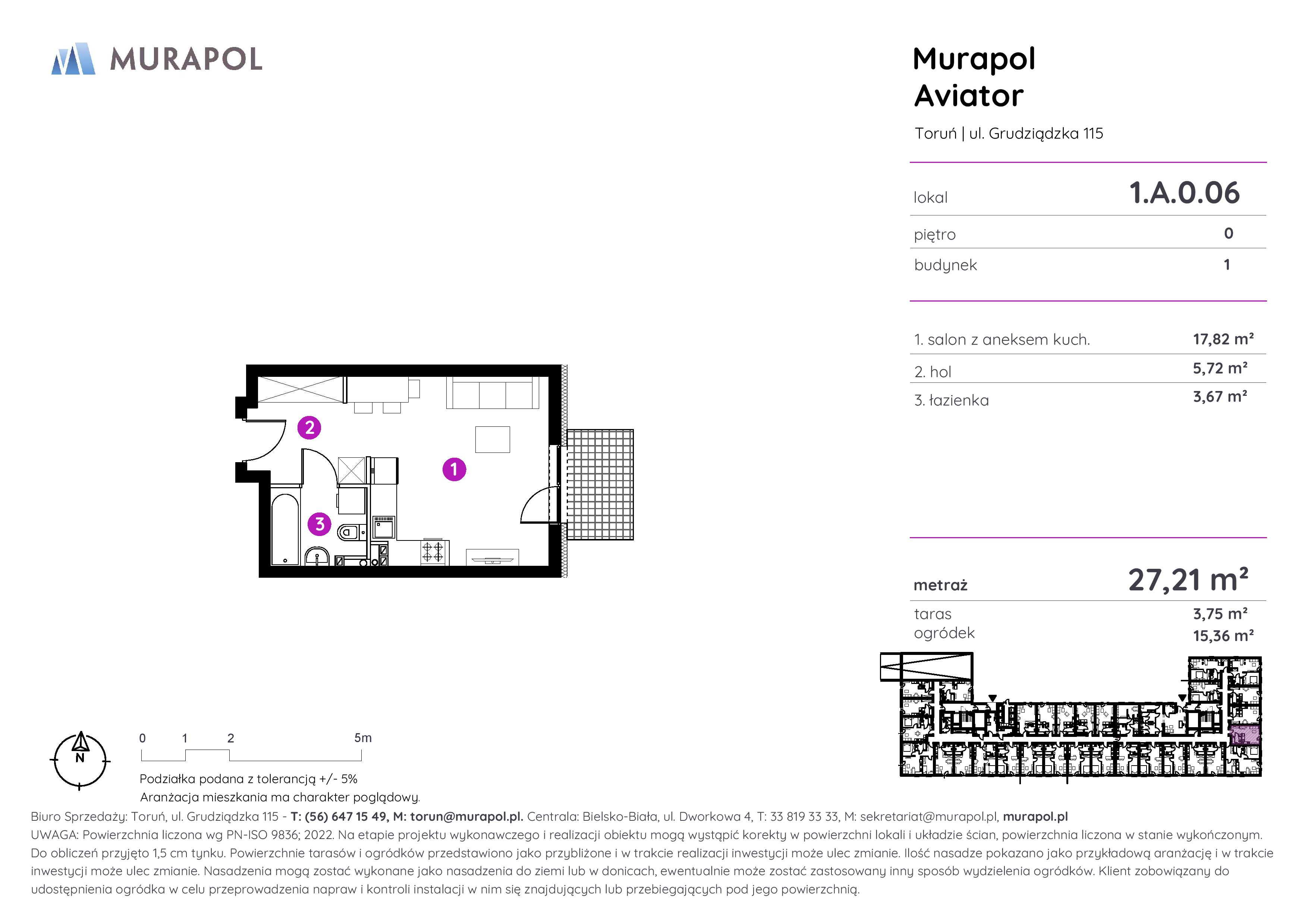 Apartament inwestycyjny 27,21 m², parter, oferta nr 1.A.0.06, Murapol Aviator, Toruń, Koniuchy, ul. Grudziądzka-idx