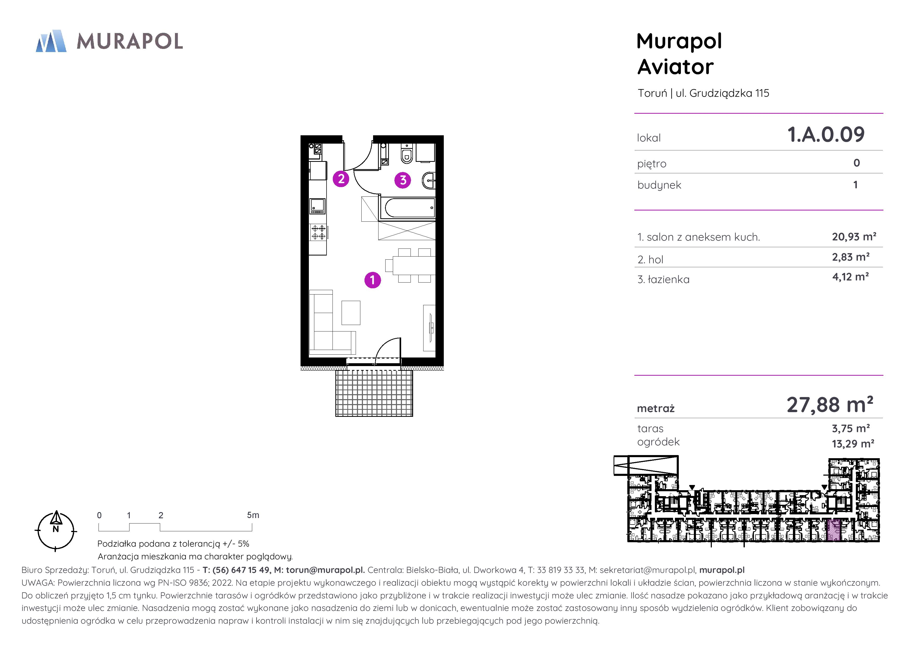 Apartament inwestycyjny 27,88 m², parter, oferta nr 1.A.0.09, Murapol Aviator, Toruń, Koniuchy, ul. Grudziądzka-idx