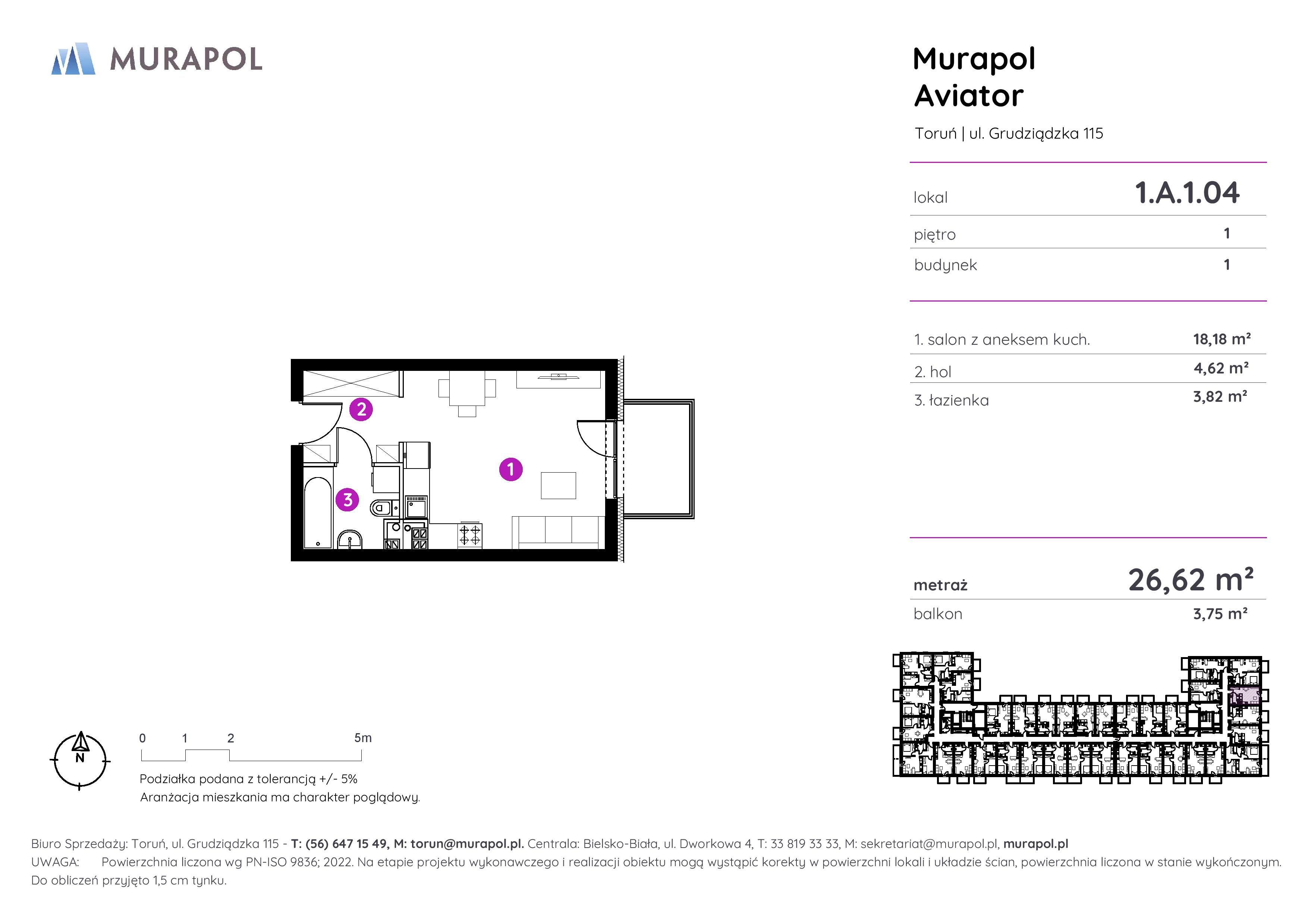 Apartament inwestycyjny 26,62 m², piętro 1, oferta nr 1.A.1.04, Murapol Aviator, Toruń, Koniuchy, ul. Grudziądzka-idx