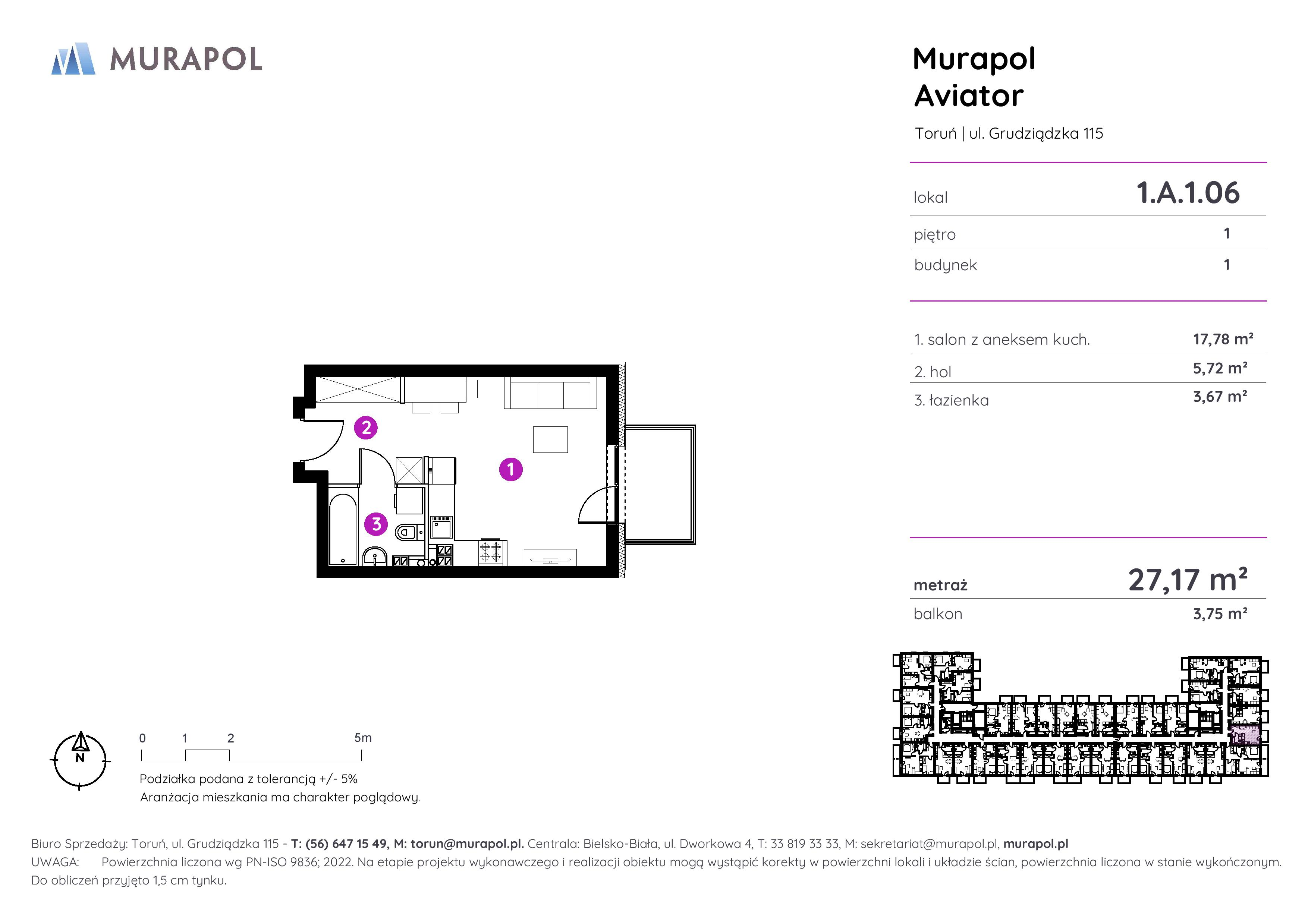 Apartament inwestycyjny 27,17 m², piętro 1, oferta nr 1.A.1.06, Murapol Aviator, Toruń, Koniuchy, ul. Grudziądzka-idx