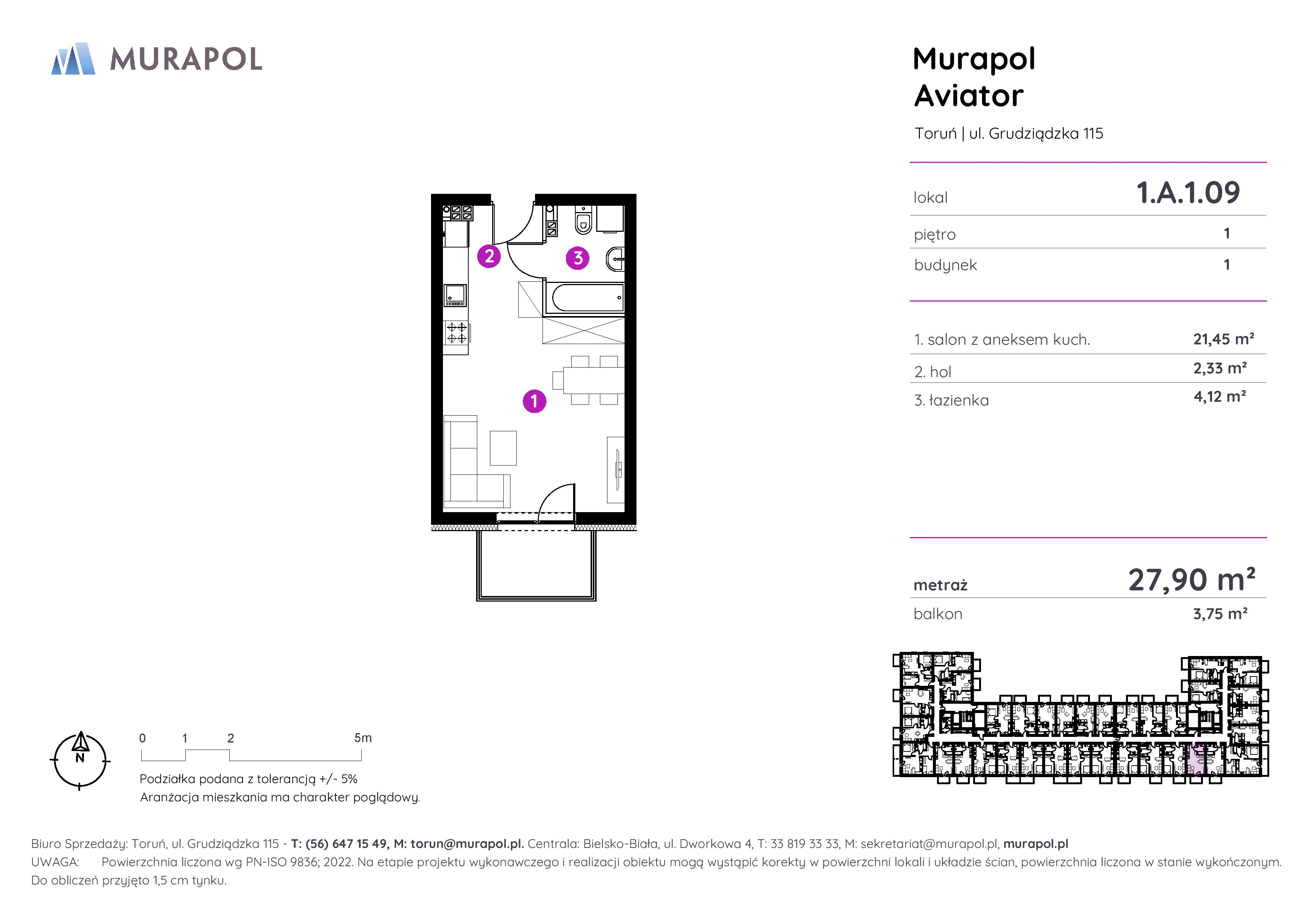 Apartament inwestycyjny 27,90 m², piętro 1, oferta nr 1.A.1.09, Murapol Aviator, Toruń, Koniuchy, ul. Grudziądzka-idx