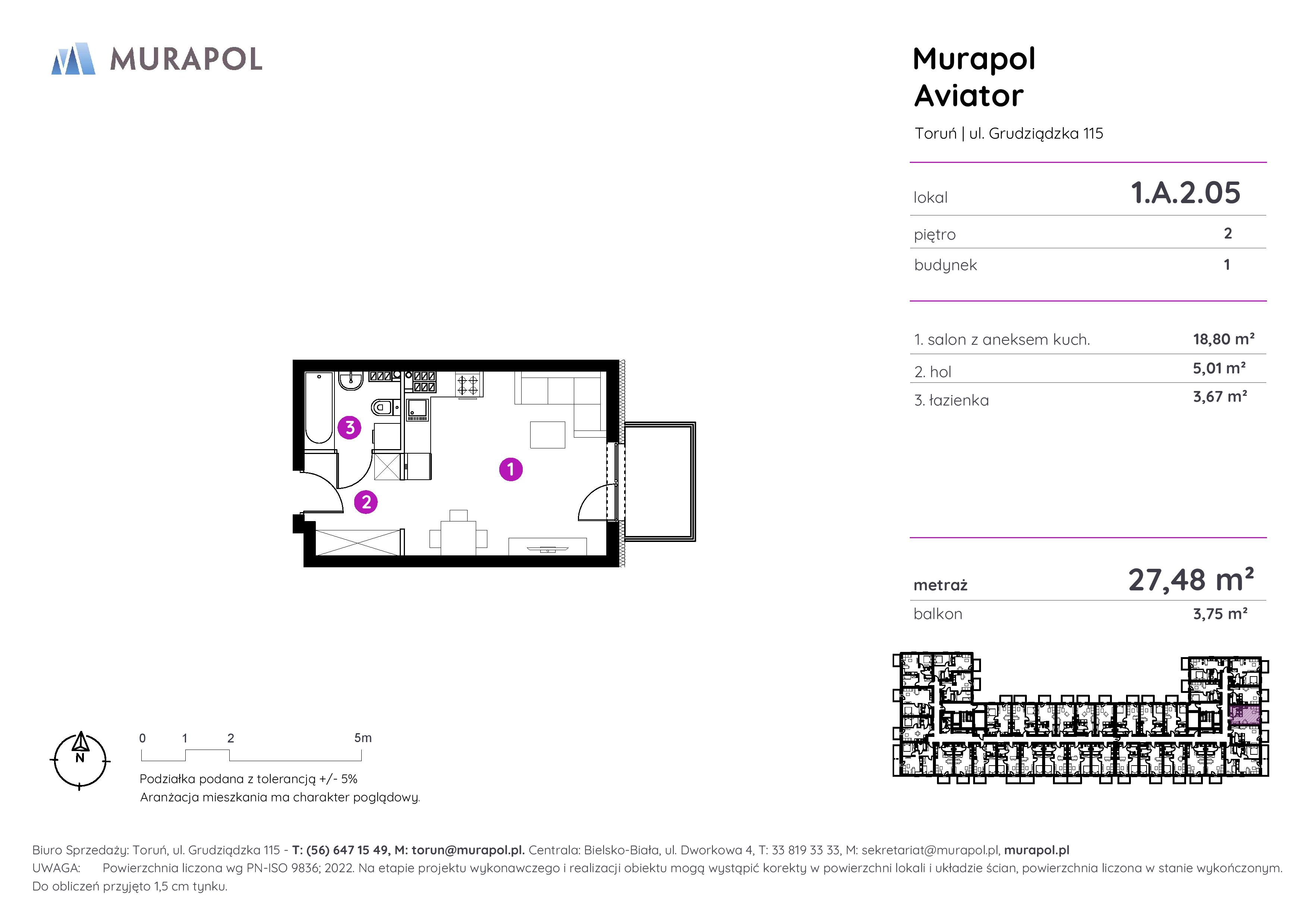 Apartament inwestycyjny 27,48 m², piętro 2, oferta nr 1.A.2.05, Murapol Aviator, Toruń, Koniuchy, ul. Grudziądzka-idx