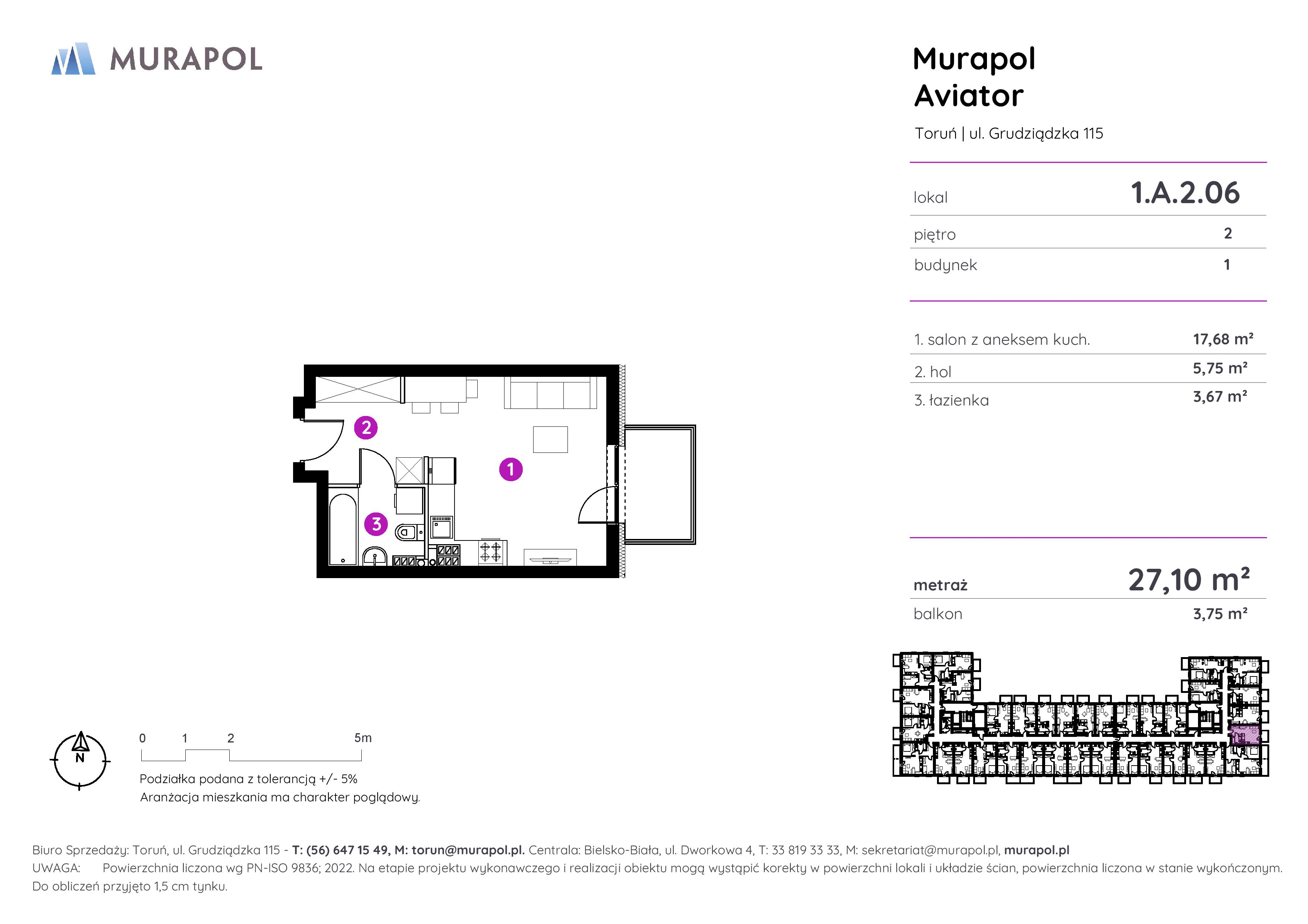 Apartament inwestycyjny 27,10 m², piętro 2, oferta nr 1.A.2.06, Murapol Aviator, Toruń, Koniuchy, ul. Grudziądzka-idx