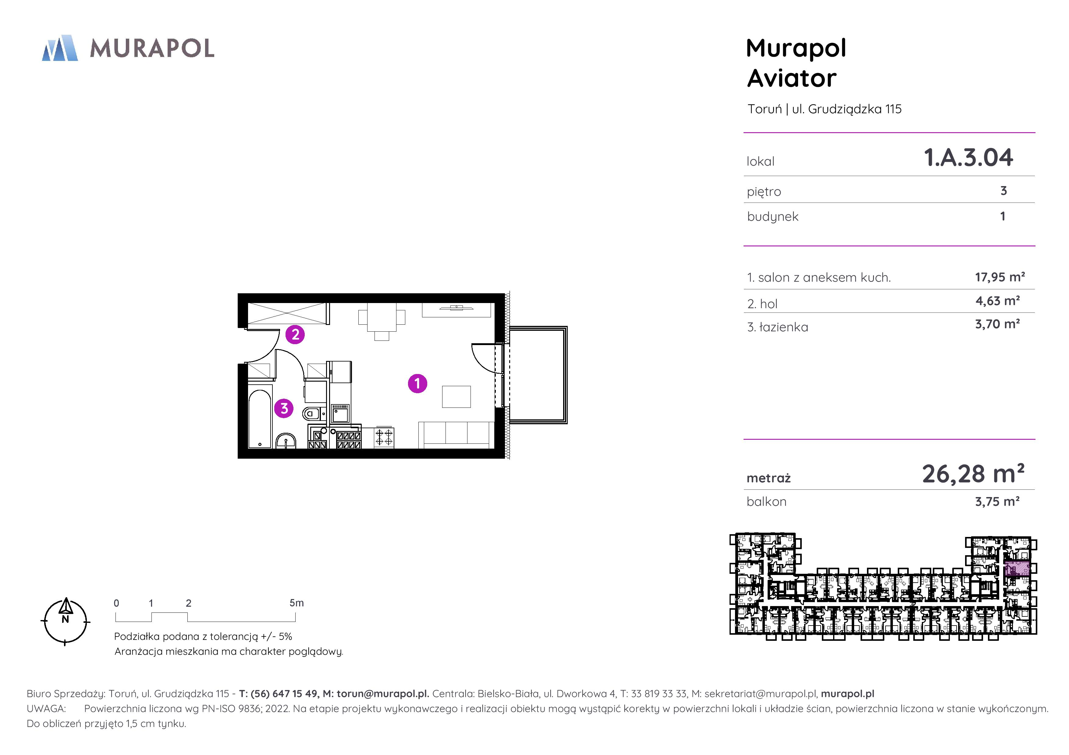 Apartament inwestycyjny 26,28 m², piętro 3, oferta nr 1.A.3.04, Murapol Aviator, Toruń, Koniuchy, ul. Grudziądzka-idx