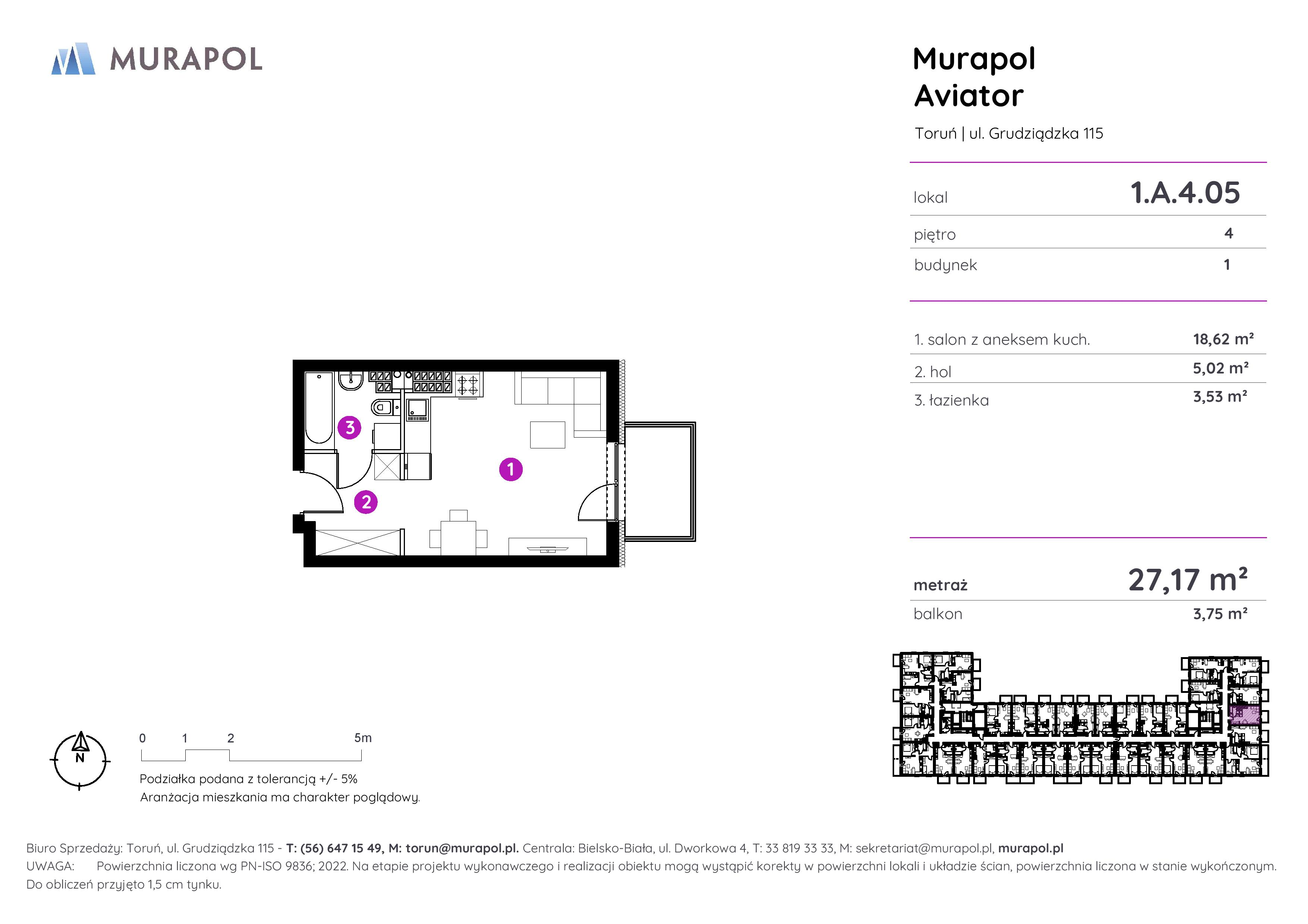 Apartament inwestycyjny 27,17 m², piętro 4, oferta nr 1.A.4.05, Murapol Aviator, Toruń, Koniuchy, ul. Grudziądzka-idx