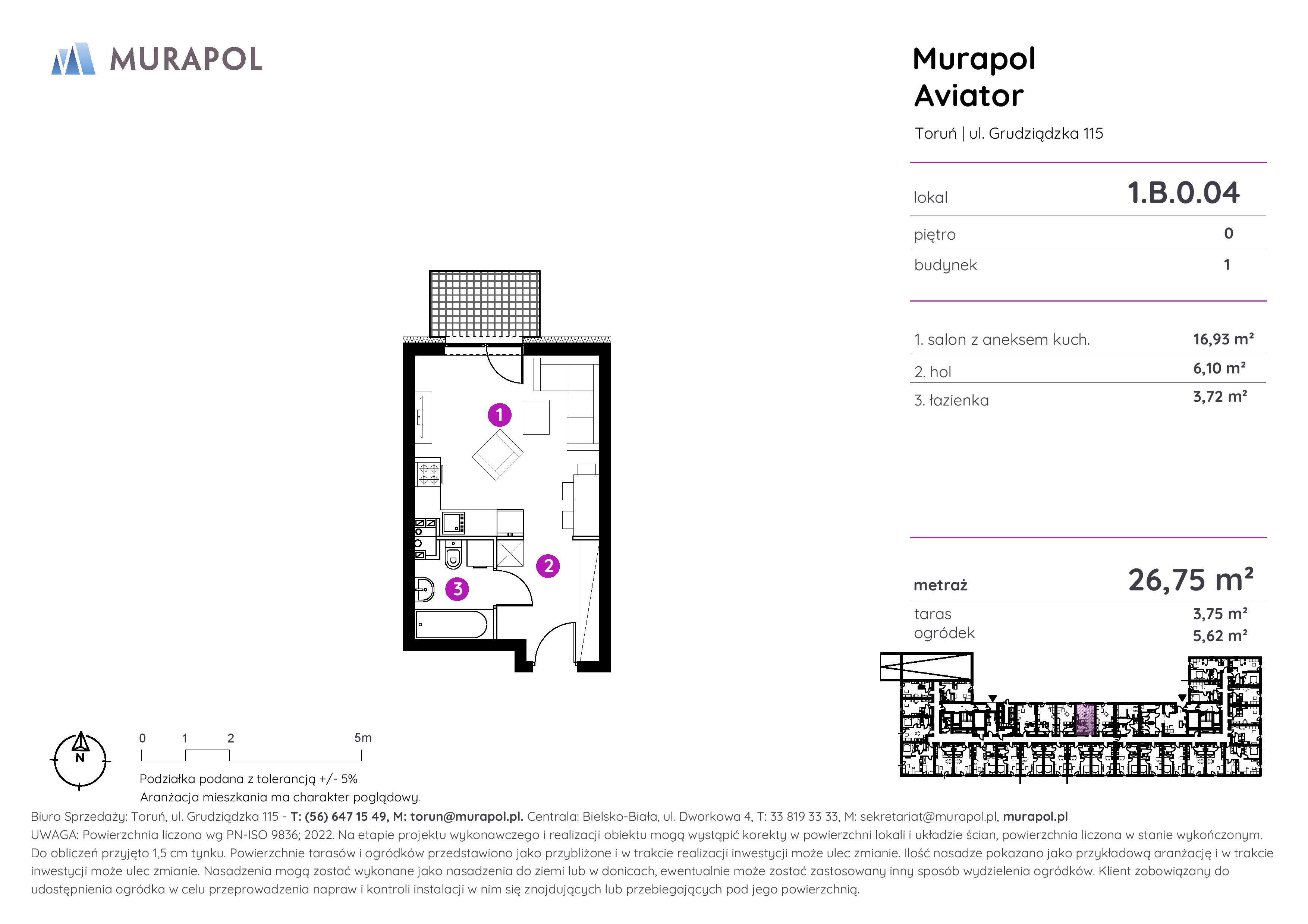 Apartament inwestycyjny 26,75 m², parter, oferta nr 1.B.0.04, Murapol Aviator, Toruń, Koniuchy, ul. Grudziądzka-idx