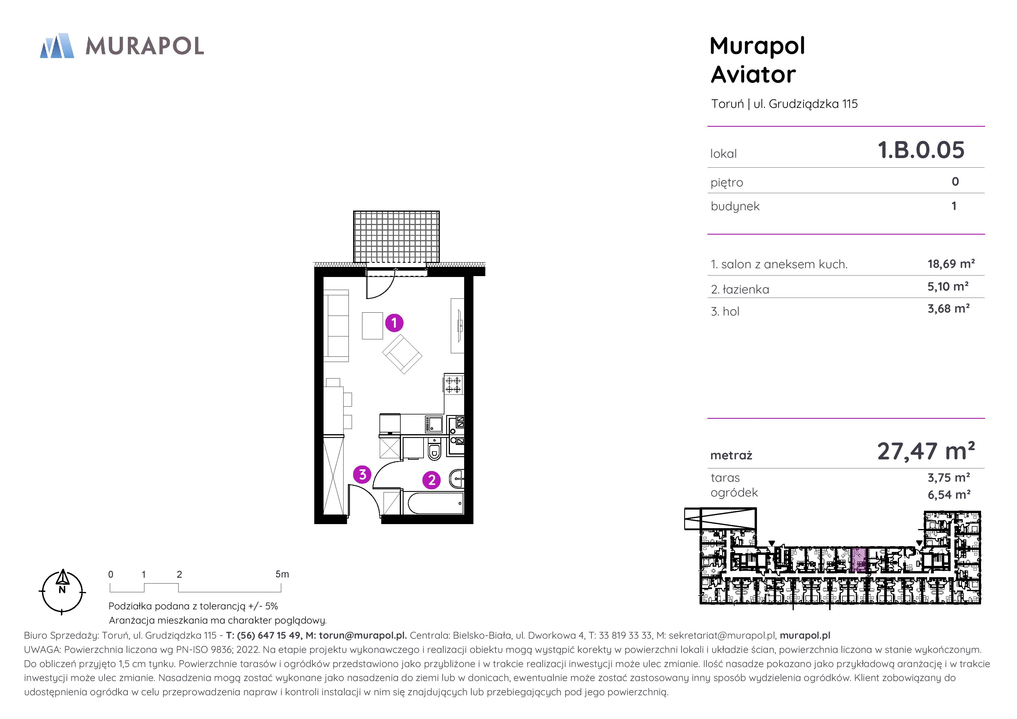 Apartament inwestycyjny 27,47 m², parter, oferta nr 1.B.0.05, Murapol Aviator, Toruń, Koniuchy, ul. Grudziądzka-idx