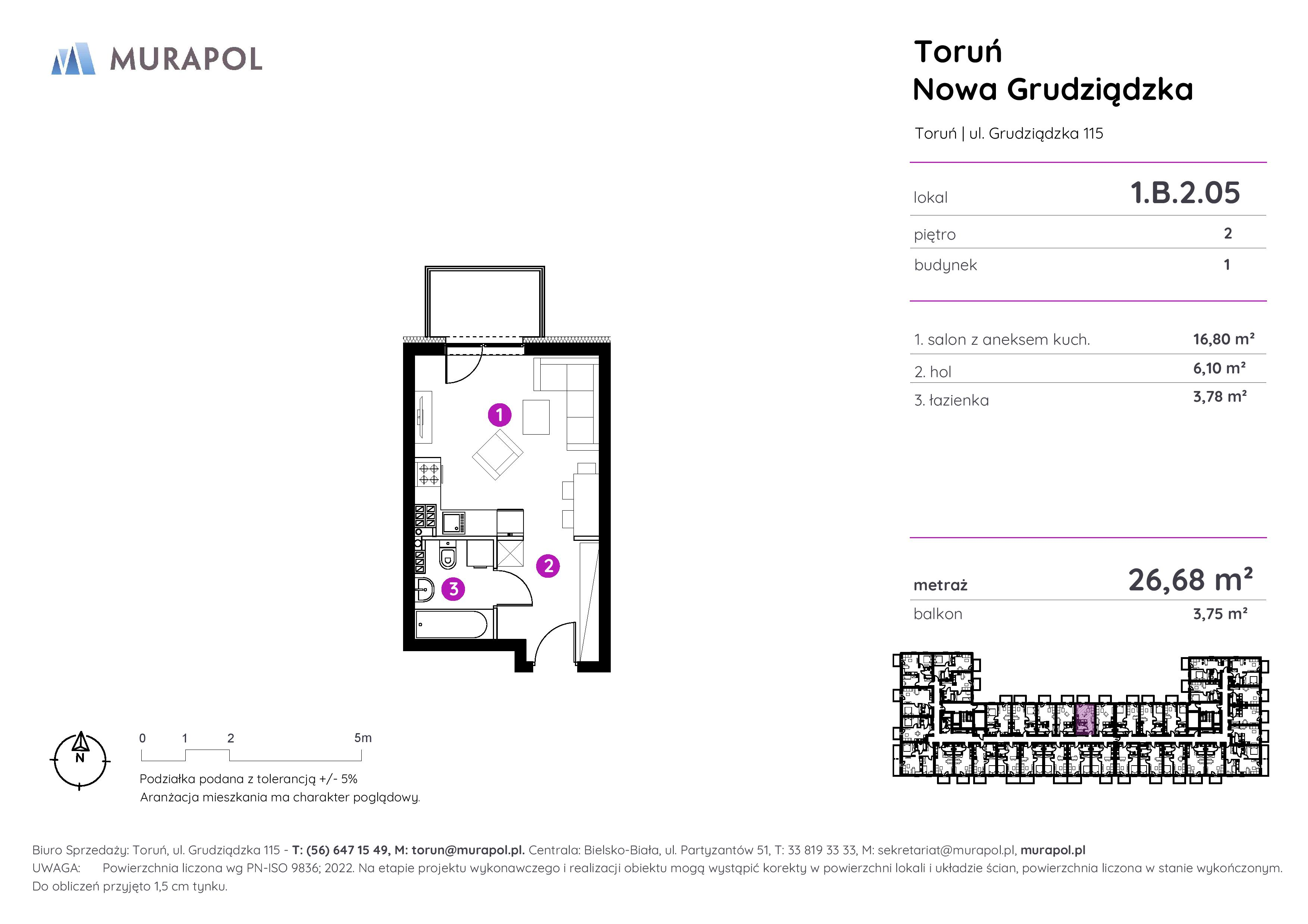 Apartament inwestycyjny 26,68 m², piętro 2, oferta nr 1.B.2.05, Murapol Aviator, Toruń, Koniuchy, ul. Grudziądzka-idx