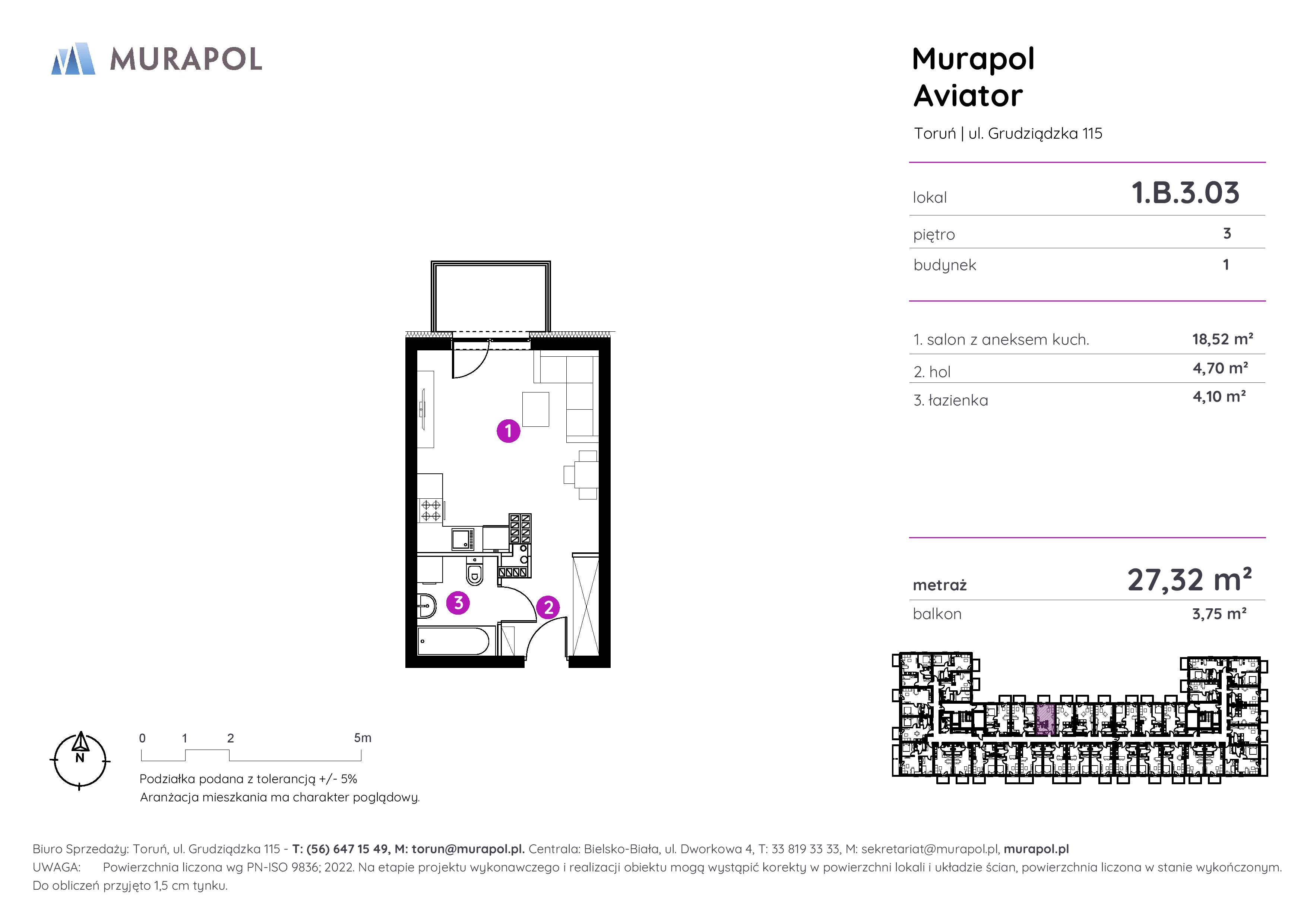 Apartament inwestycyjny 27,32 m², piętro 3, oferta nr 1.B.3.03, Murapol Aviator, Toruń, Koniuchy, ul. Grudziądzka-idx