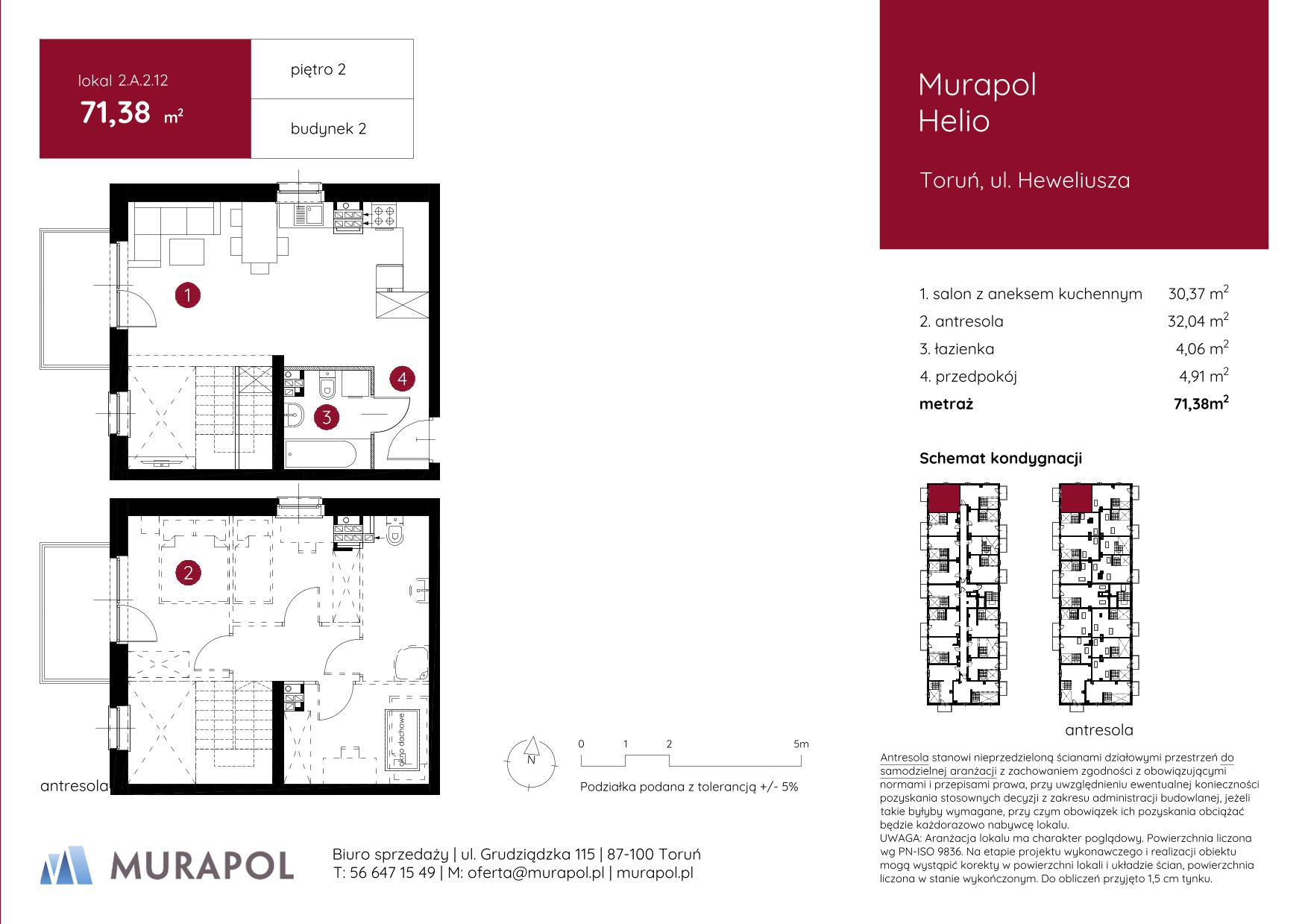 Mieszkanie 71,38 m², piętro 2, oferta nr 2.A.2.12, Murapol Helio, Toruń, Wrzosy, JAR, ul. Heweliusza-idx