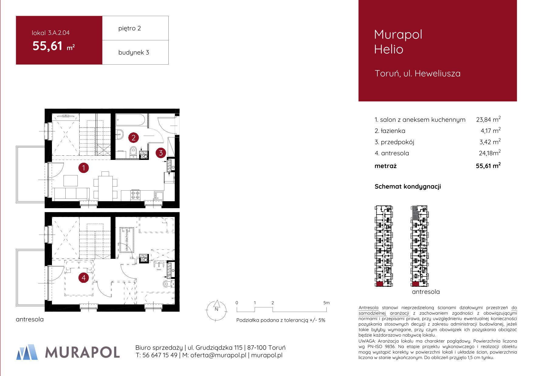 Mieszkanie 55,61 m², piętro 2, oferta nr 3.A.2.04, Murapol Helio, Toruń, Wrzosy, JAR, ul. Heweliusza-idx