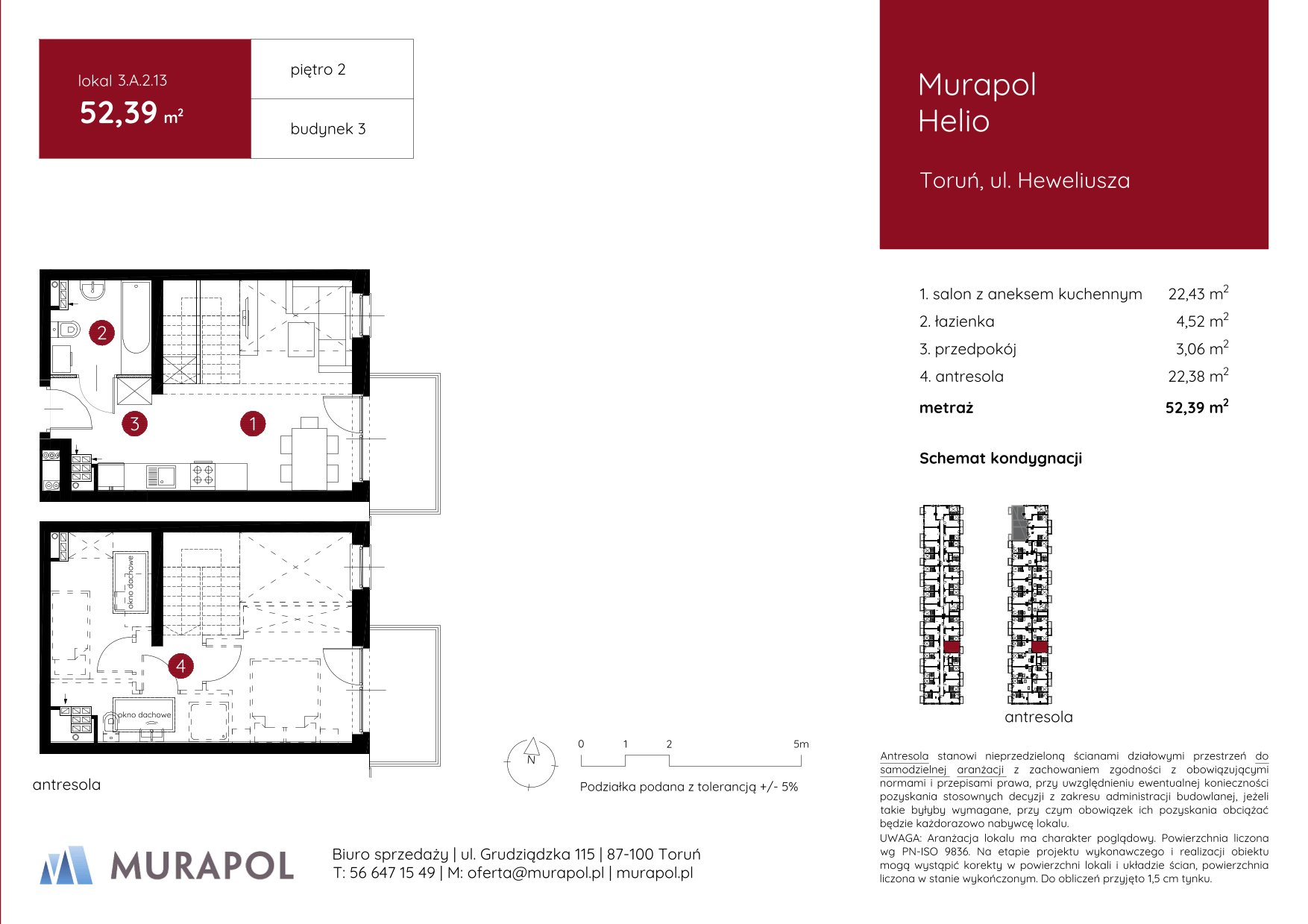 Mieszkanie 52,39 m², piętro 2, oferta nr 3.A.2.13, Murapol Helio, Toruń, Wrzosy, JAR, ul. Heweliusza-idx