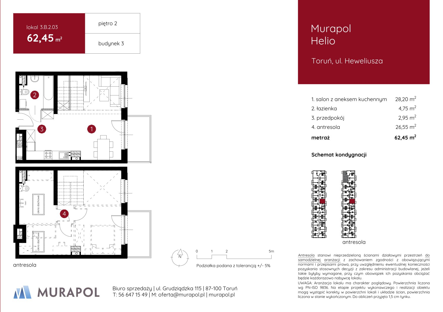 Mieszkanie 62,45 m², piętro 2, oferta nr 3.B.2.03, Murapol Helio, Toruń, Wrzosy, JAR, ul. Heweliusza-idx