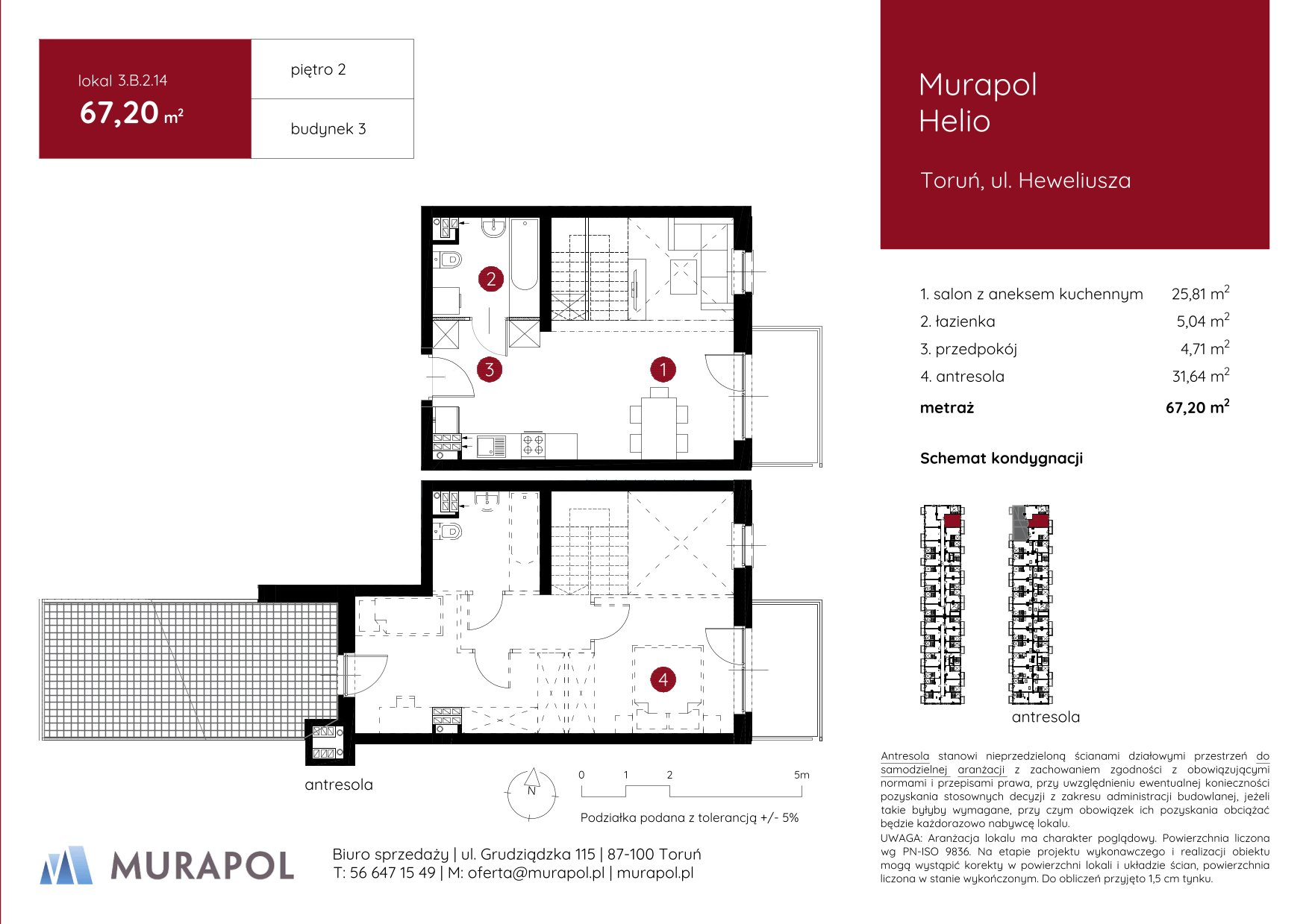 Mieszkanie 67,20 m², piętro 2, oferta nr 3.B.2.14, Murapol Helio, Toruń, Wrzosy, JAR, ul. Heweliusza-idx