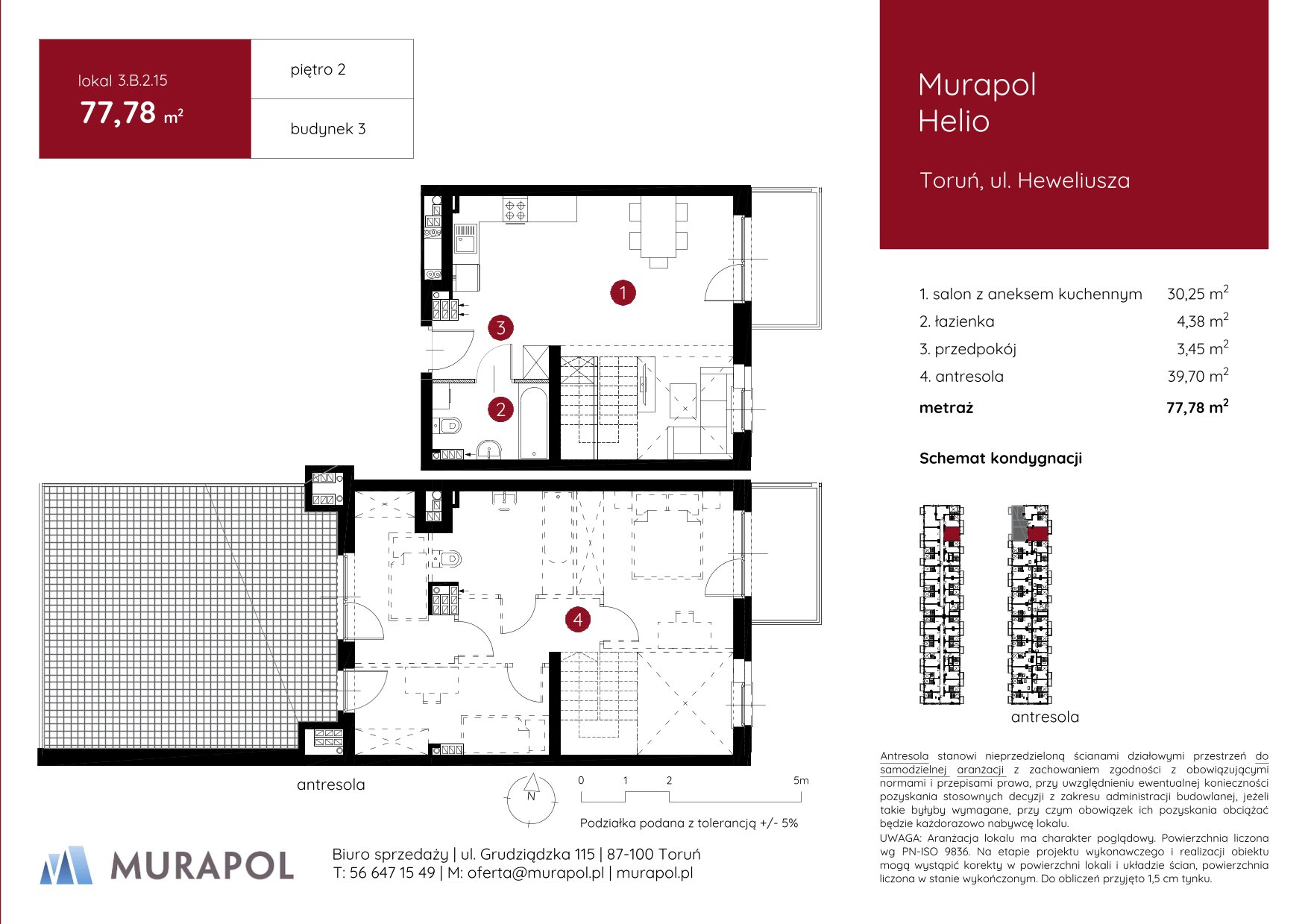 Mieszkanie 77,78 m², piętro 2, oferta nr 3.B.2.15, Murapol Helio, Toruń, Wrzosy, JAR, ul. Heweliusza-idx