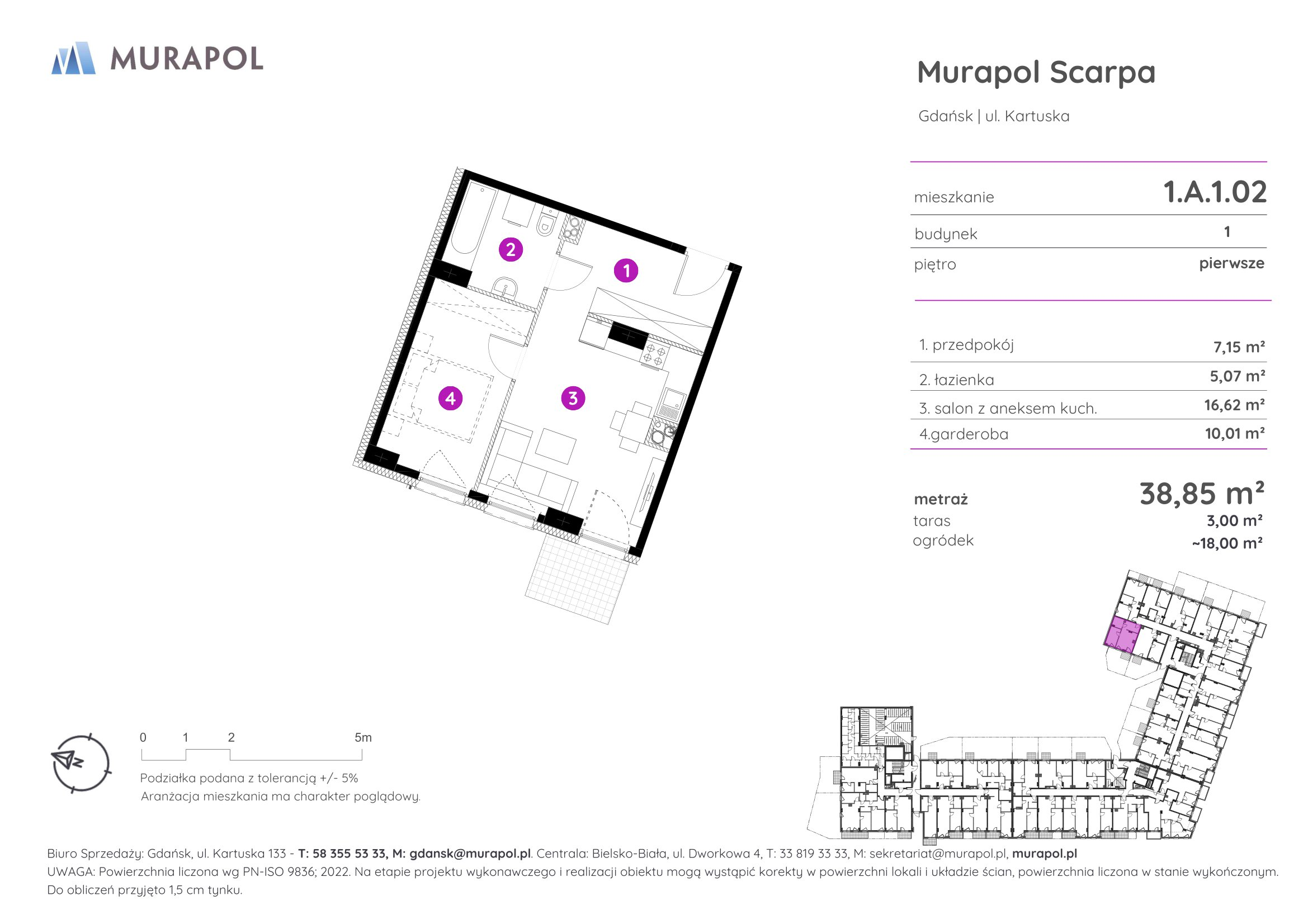 Mieszkanie 38,85 m², piętro 1, oferta nr 1.A.1.02, Murapol Scarpa, Gdańsk, Siedlce, ul. Kartuska-idx