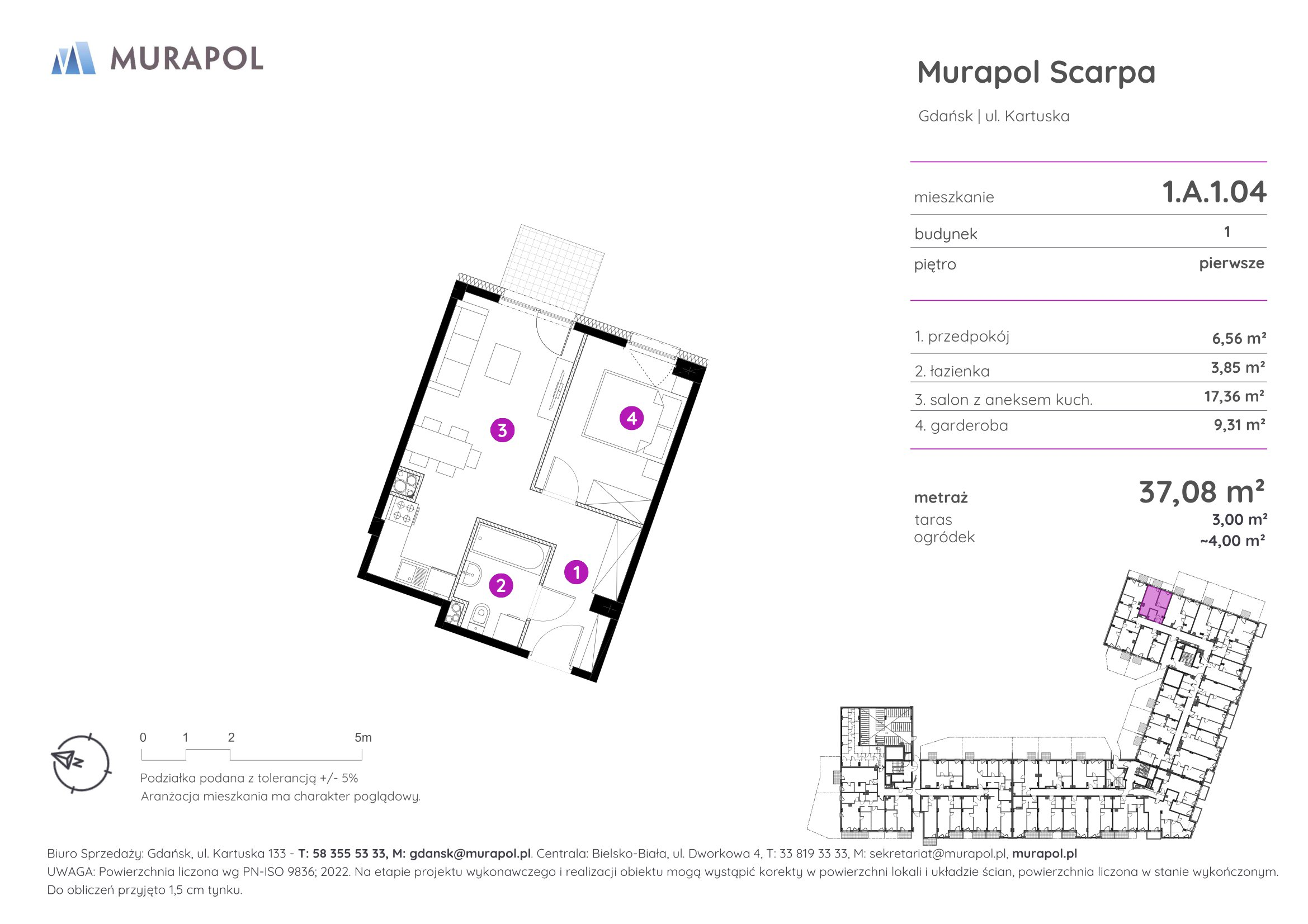 Mieszkanie 37,08 m², piętro 1, oferta nr 1.A.1.04, Murapol Scarpa, Gdańsk, Siedlce, ul. Kartuska-idx