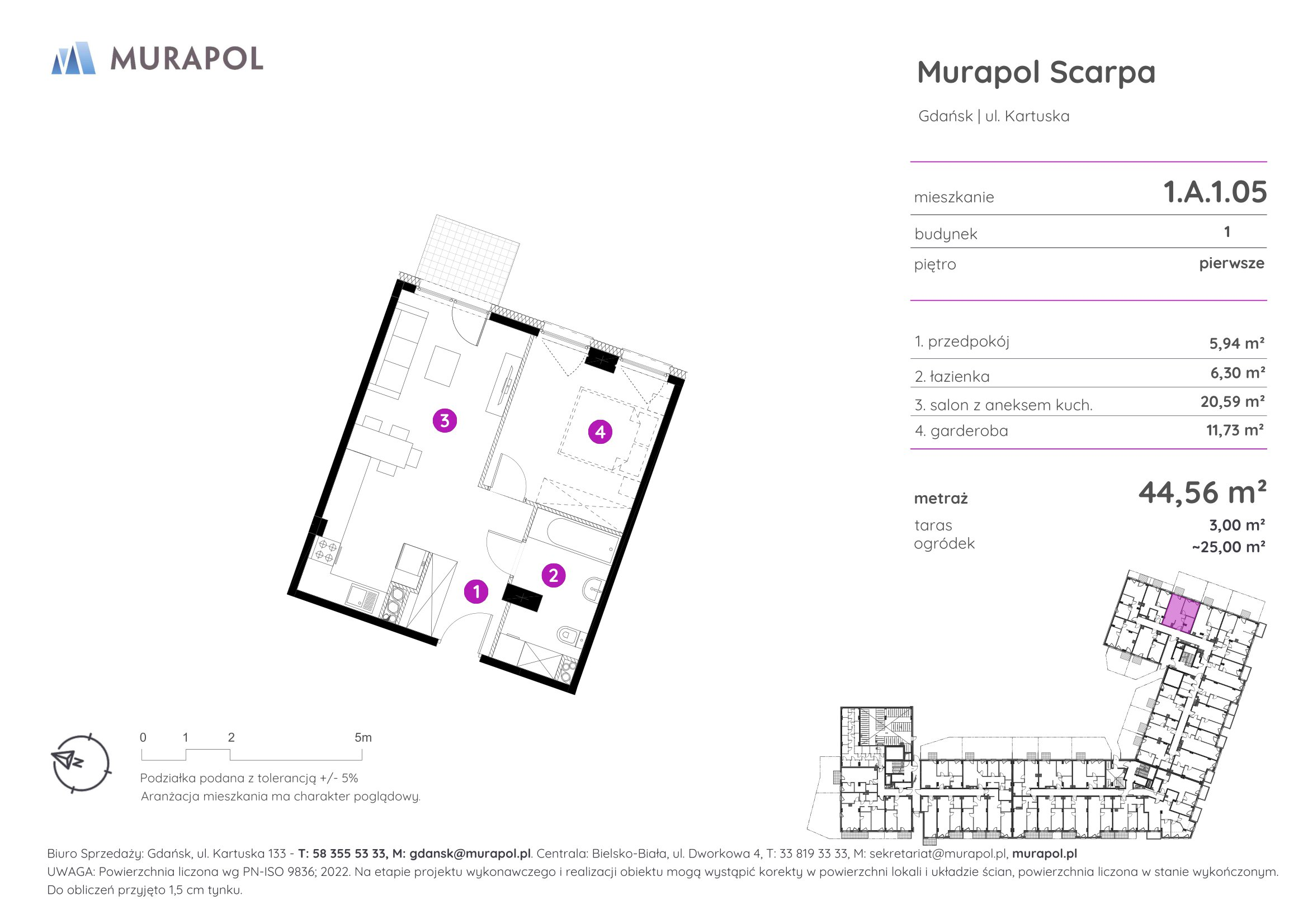 Mieszkanie 44,56 m², piętro 1, oferta nr 1.A.1.05, Murapol Scarpa, Gdańsk, Siedlce, ul. Kartuska-idx