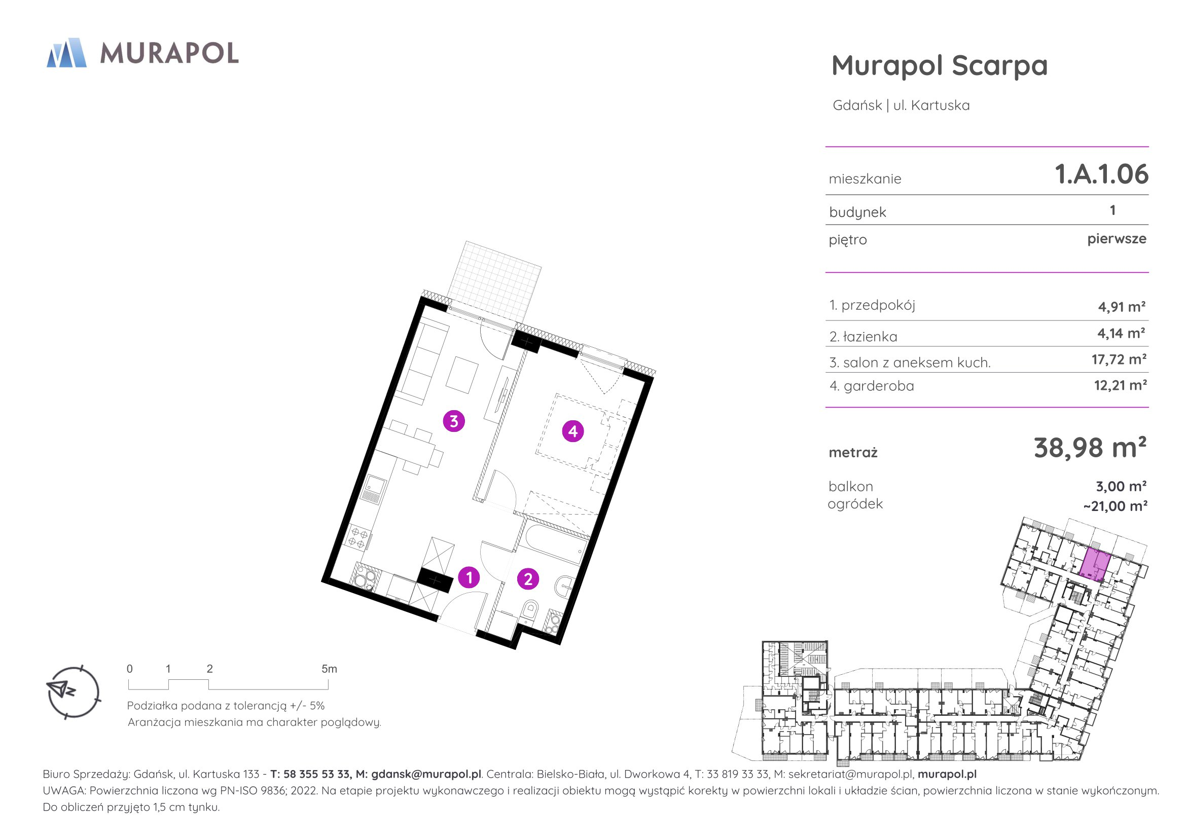 Mieszkanie 38,98 m², piętro 1, oferta nr 1.A.1.06, Murapol Scarpa, Gdańsk, Siedlce, ul. Kartuska-idx