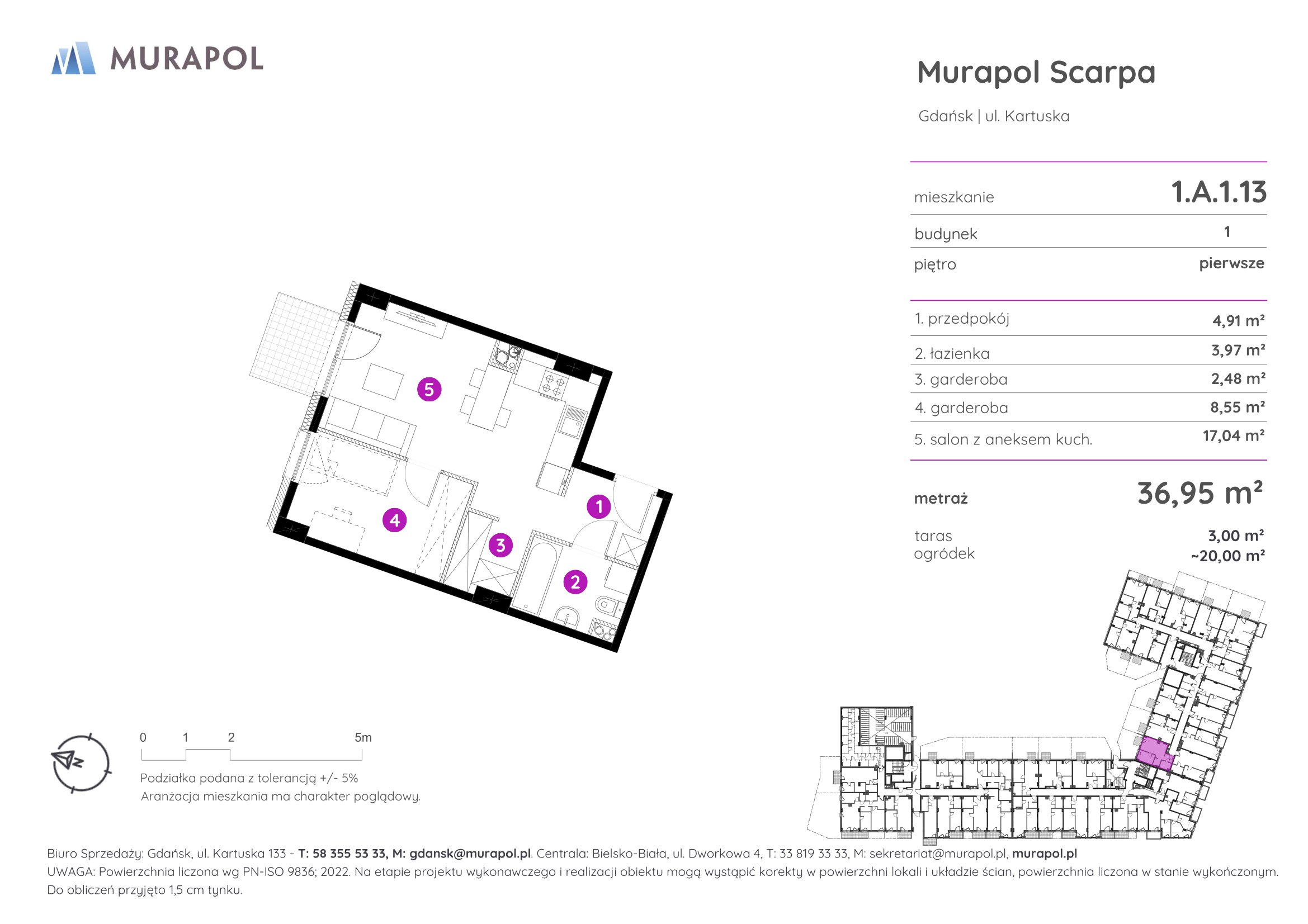 Mieszkanie 36,95 m², piętro 1, oferta nr 1.A.1.13, Murapol Scarpa, Gdańsk, Siedlce, ul. Kartuska-idx