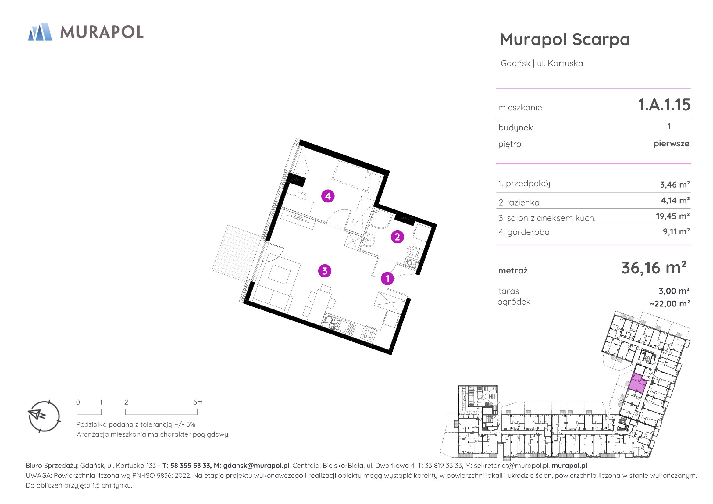 Mieszkanie 36,16 m², piętro 1, oferta nr 1.A.1.15, Murapol Scarpa, Gdańsk, Siedlce, ul. Kartuska-idx